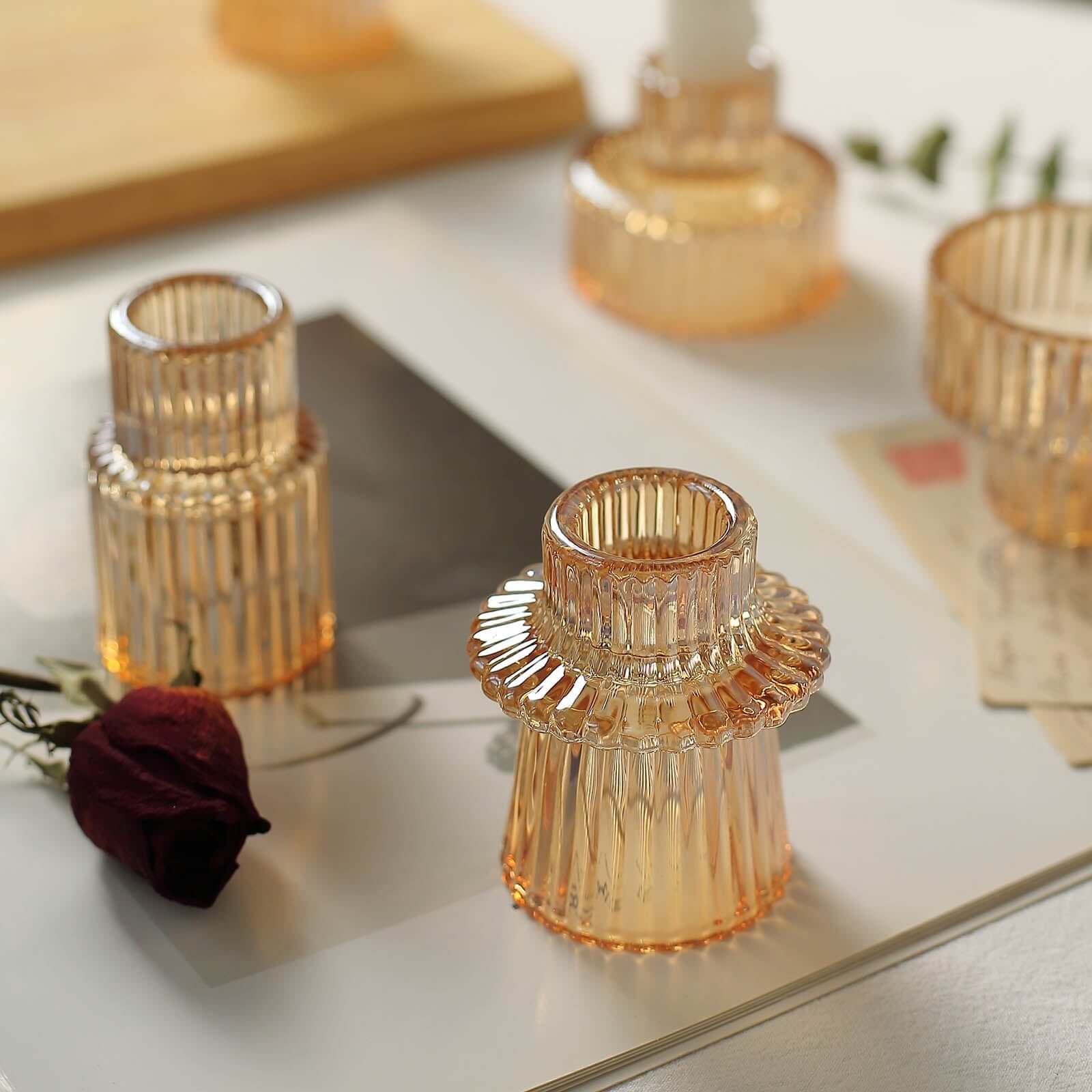 Set of 6 Glass Taper Candle Holders Ribbed Crystal Design Amber Gold - Reversible Mini Votive Tealight Stands 3"