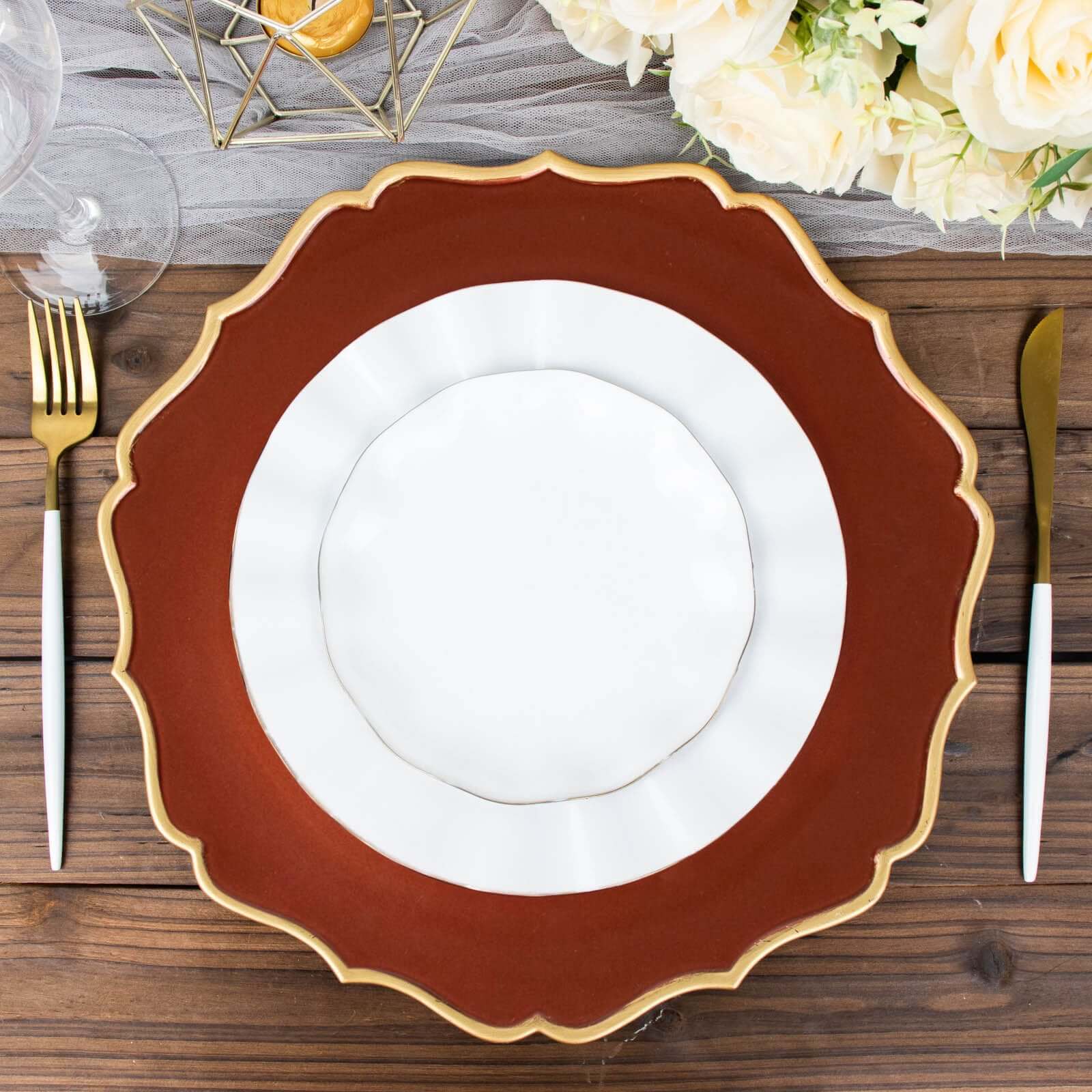 6-Pack Acrylic Round Charger Plates 13" in Terracotta (Rust) with Gold Scalloped Rim, Decorative Dinner Party Plastic Charger Tableware