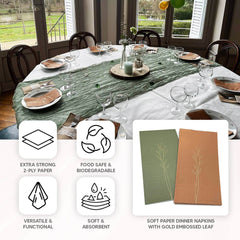 50-Pack Paper Dinner Napkins Terracotta (Rust) with Gold Embossed Leaf - Stylish 2-Ply Disposable Napkins for Weddings 18GSM
