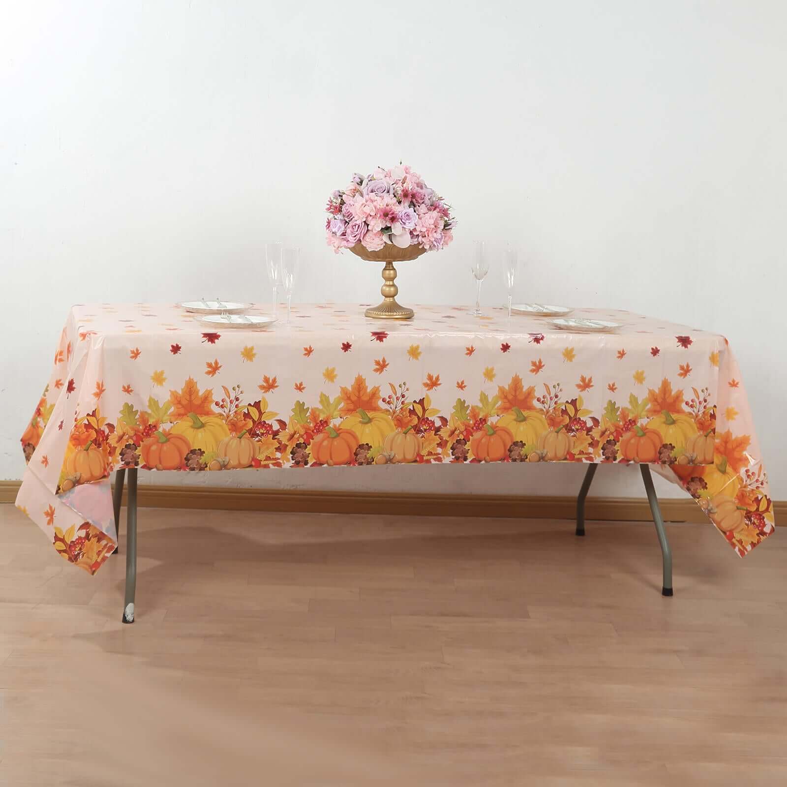 5-Pack Plastic Tablecloths Orange Thanksgiving Rectangle with Fall Leaves Pumpkin Print - Festive PVC Disposable Table Covers 54"x108"