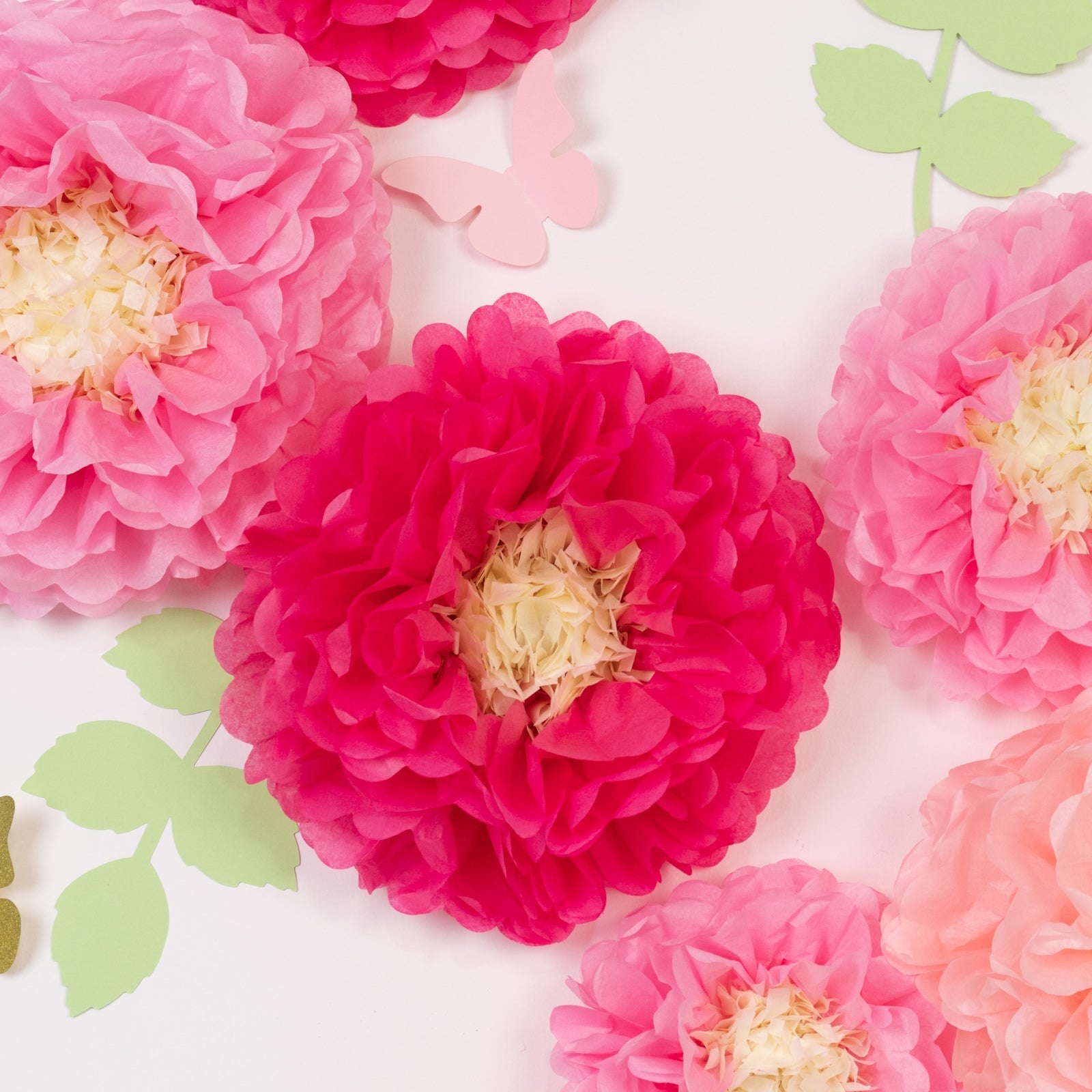 Set of 21 Tissue Paper Flowers Pom Poms Decor Kit – Blush Pink 3D Chrysanth Floral Wall Decor with Butterflies & Olive Leaves - 8",10",12"