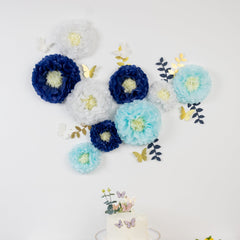 Set of 21 Tissue Paper Flowers Pom Poms Decor Kit – White Blue 3D Chrysanth Floral Wall Decor with Butterflies & Olive Leaves - 8",10",12"