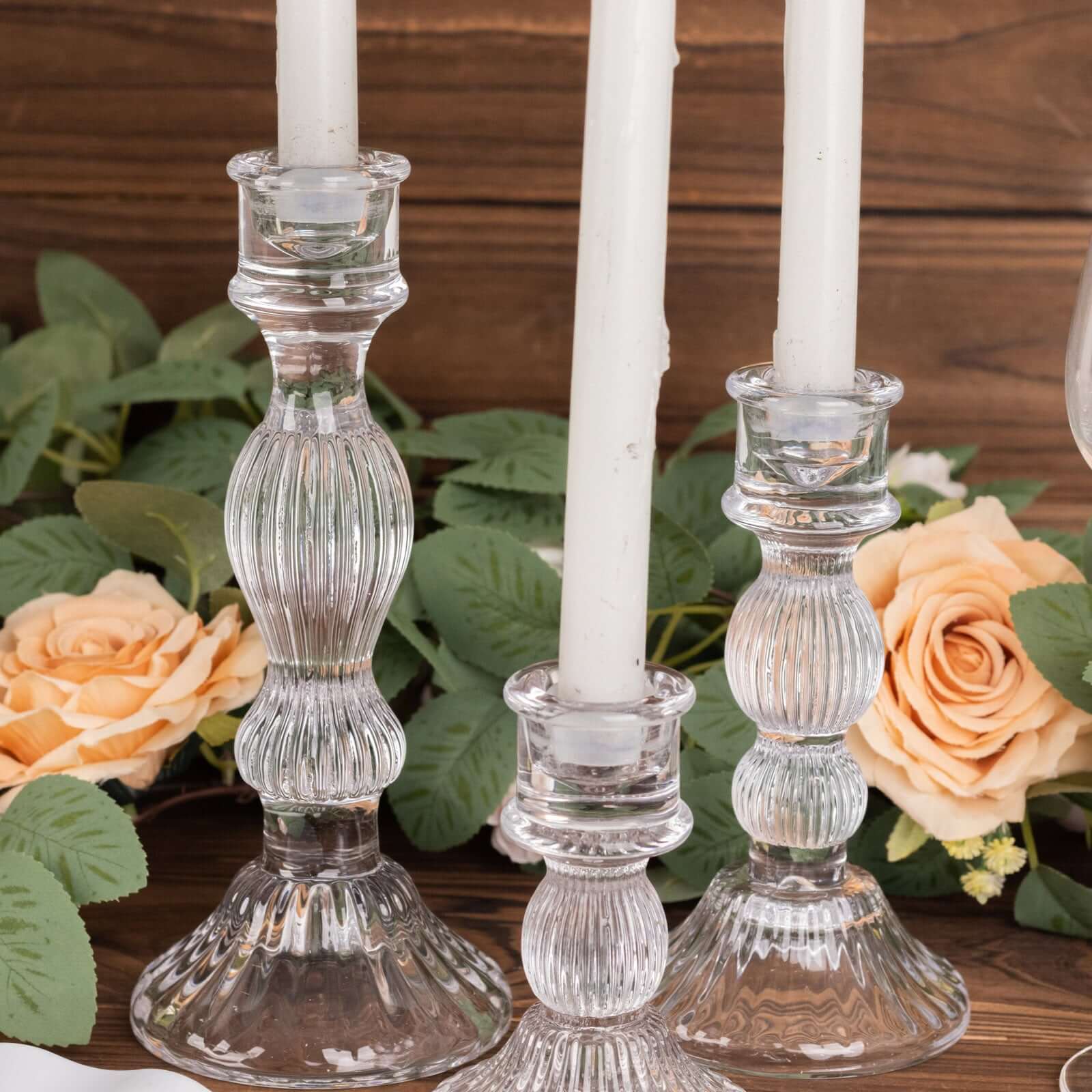 Set of 3 Glass Taper Candle Holders Fluted Design Clear - Ribbed Crystal Candlestick Stands 4", 6", 8"