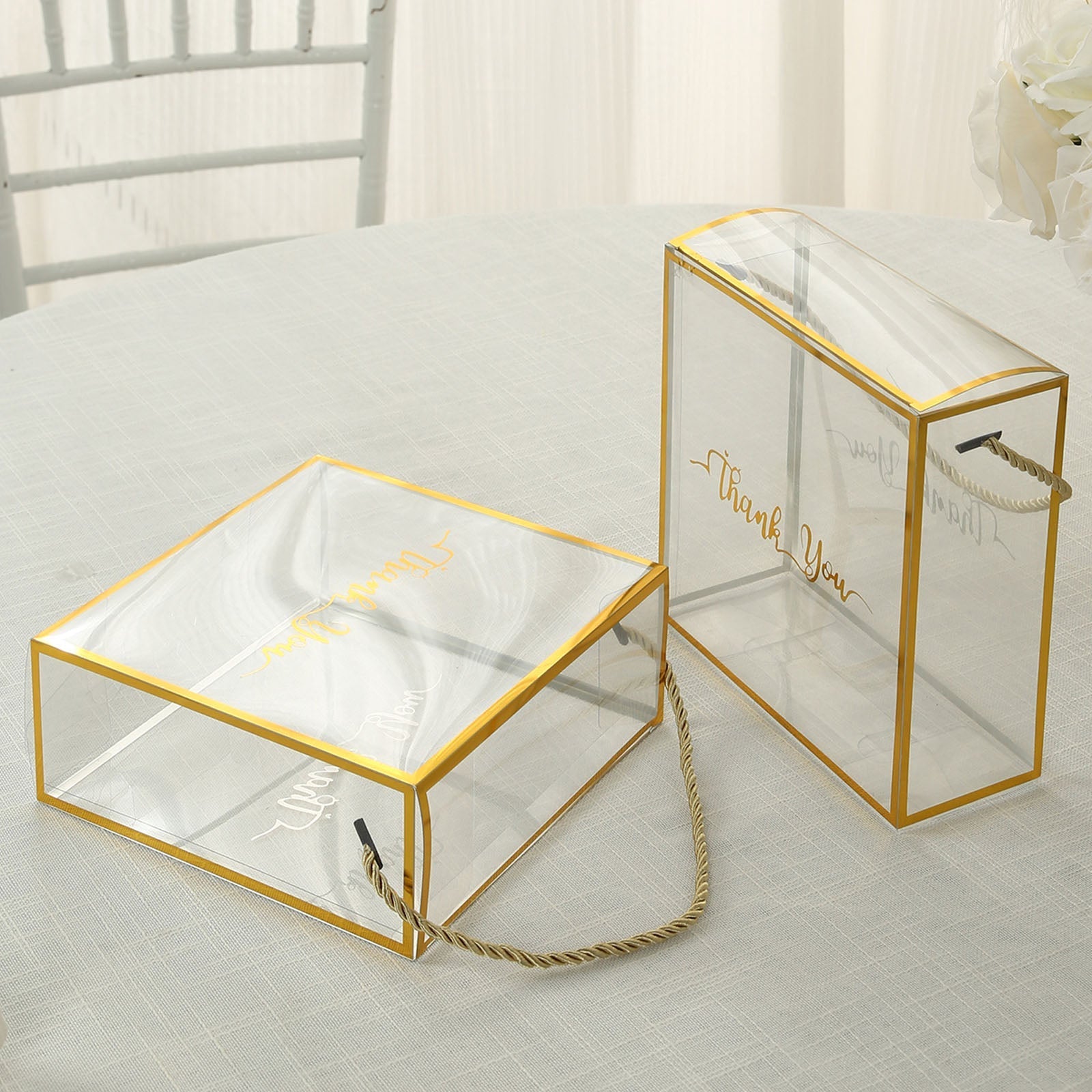 25 Pack Gold Trimmed Clear PVC Gift Boxes with Rope Handles and Thank You Print, Square Transparent Portable Candy Favor Boxes - 8"x8"