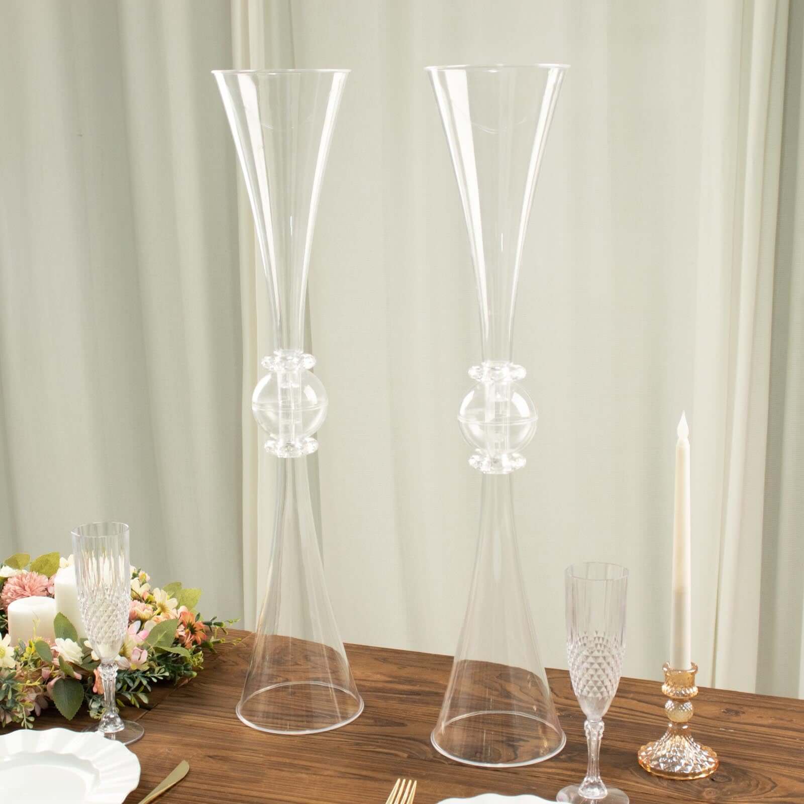 2-Pack Flower Vases Trumpet Design with Crystal Embellishments Clear - Reversible Plastic Centerpieces for Events 27"