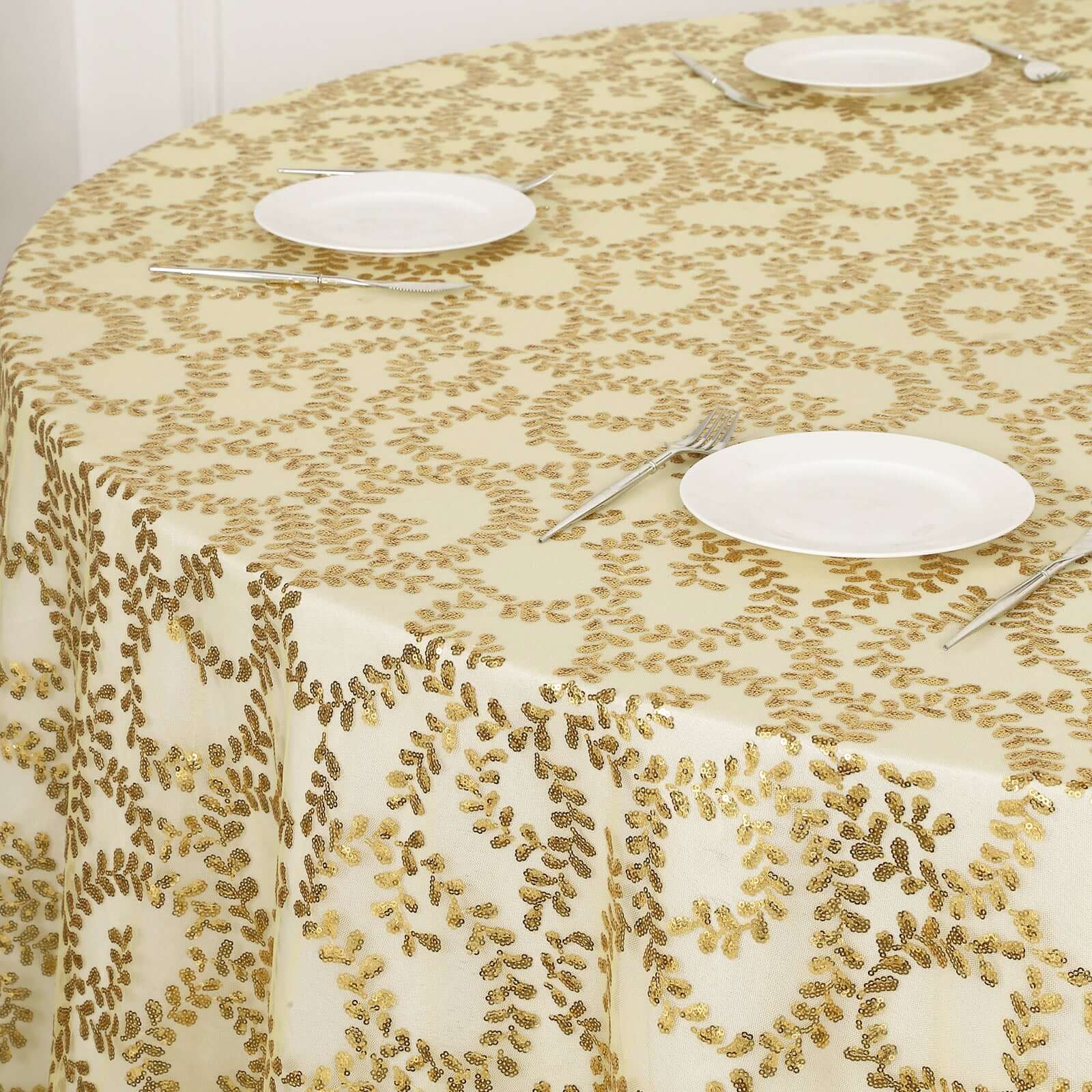 Tulle 120" Round Tablecloth Gold - Seamless Sequin Leaf Embroidered Design for Sophisticated Occasions