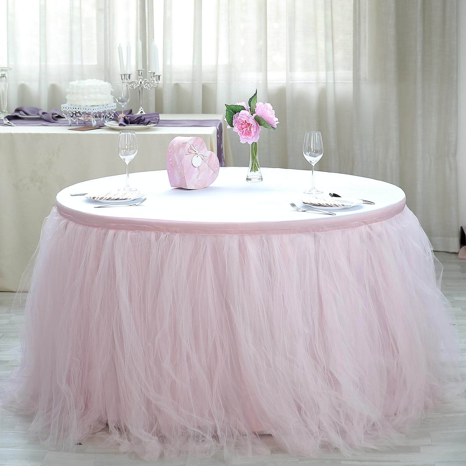 Tulle 14ft Table Skirt Blush - 4 Layer Pleated Tutu Table Cover