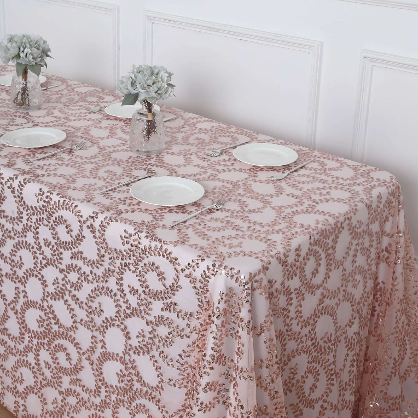 Tulle 90"x156" Rectangle Tablecloth Rose Gold - Sequin Leaf Embroidered Table Cover