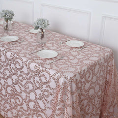 Tulle 90"x156" Rectangle Tablecloth Rose Gold - Sequin Leaf Embroidered Table Cover