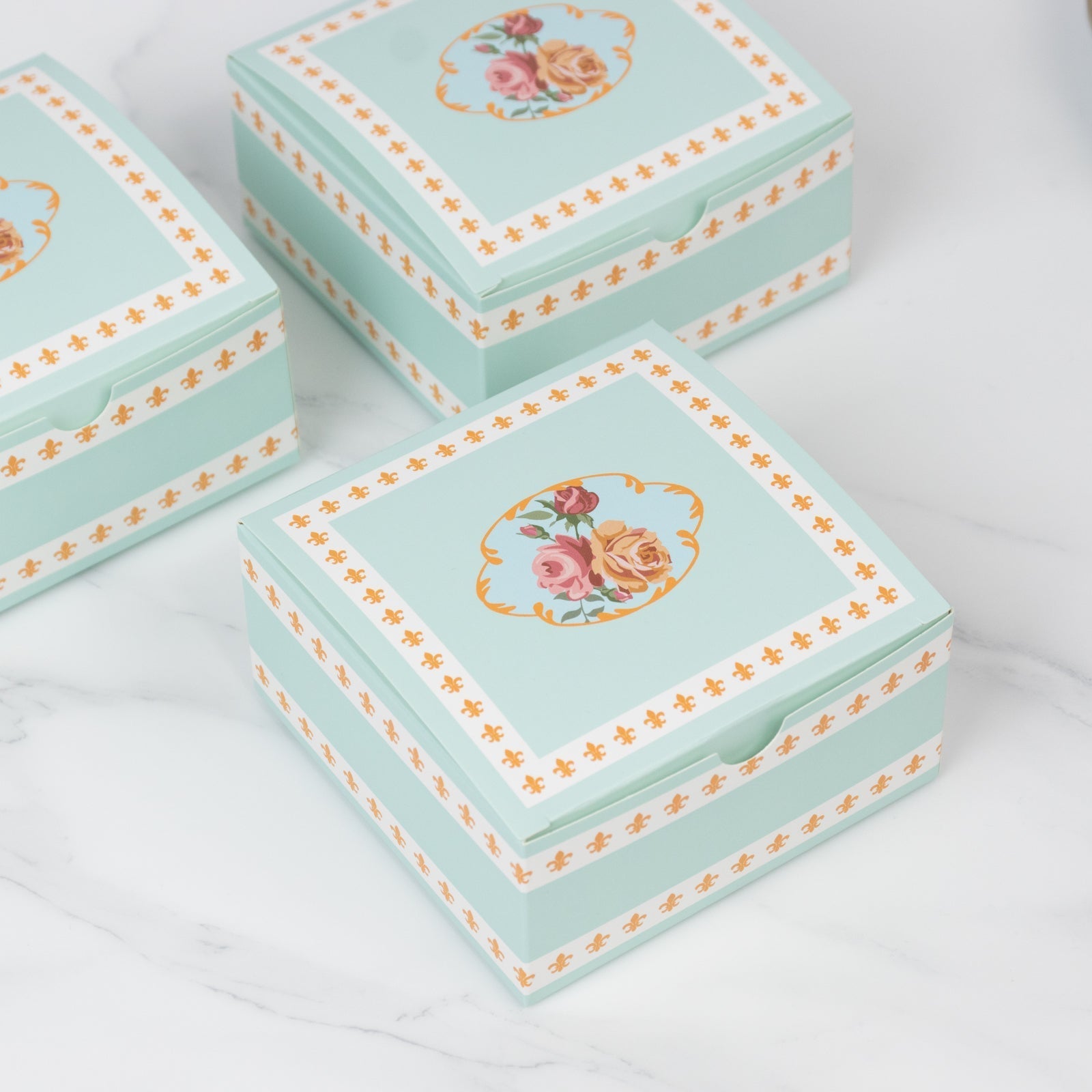 25-Pack Gift Boxes Vintage Rose Floral – Turquoise Cardstock Favor Boxes for Cookies, Candies, and Mini Keepsakes - 4"x4"x2"