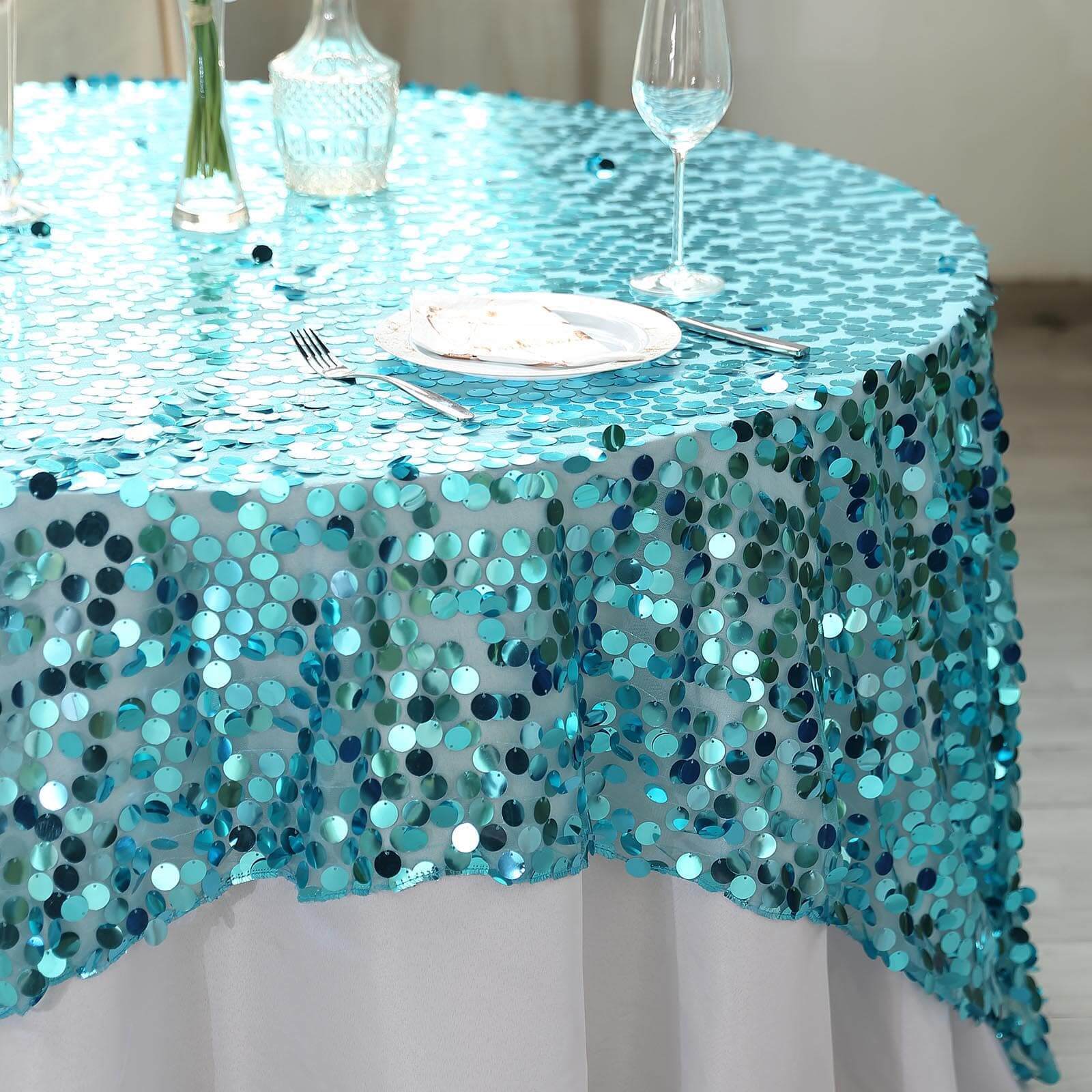 Sequin 72"x72" Table Overlay Square Tablecloth Turquoise - Big Payette Table Cover