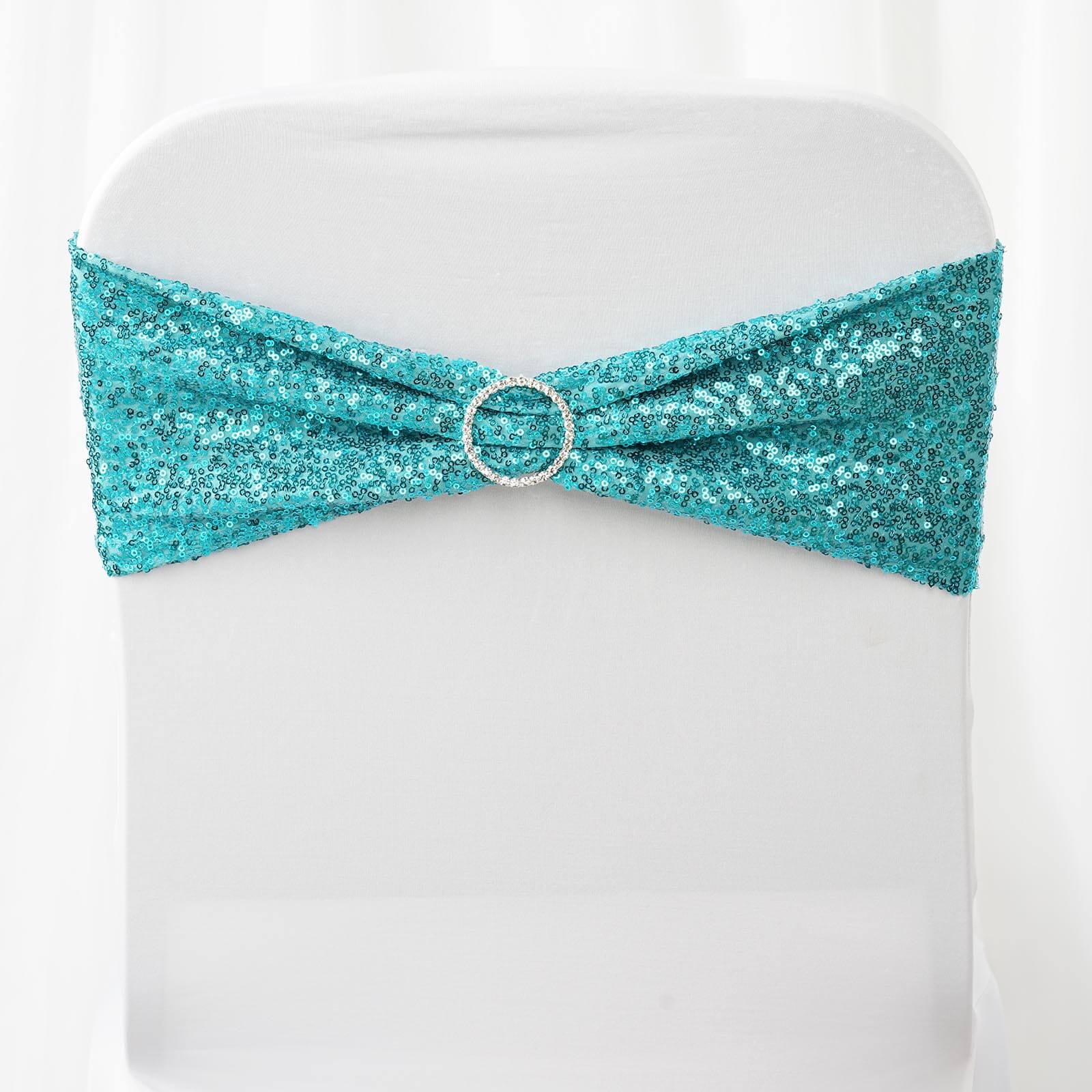 5 Pack Sequin Spandex Chair Sashes Turquoise - Stretch Chair Bands 6"x15"