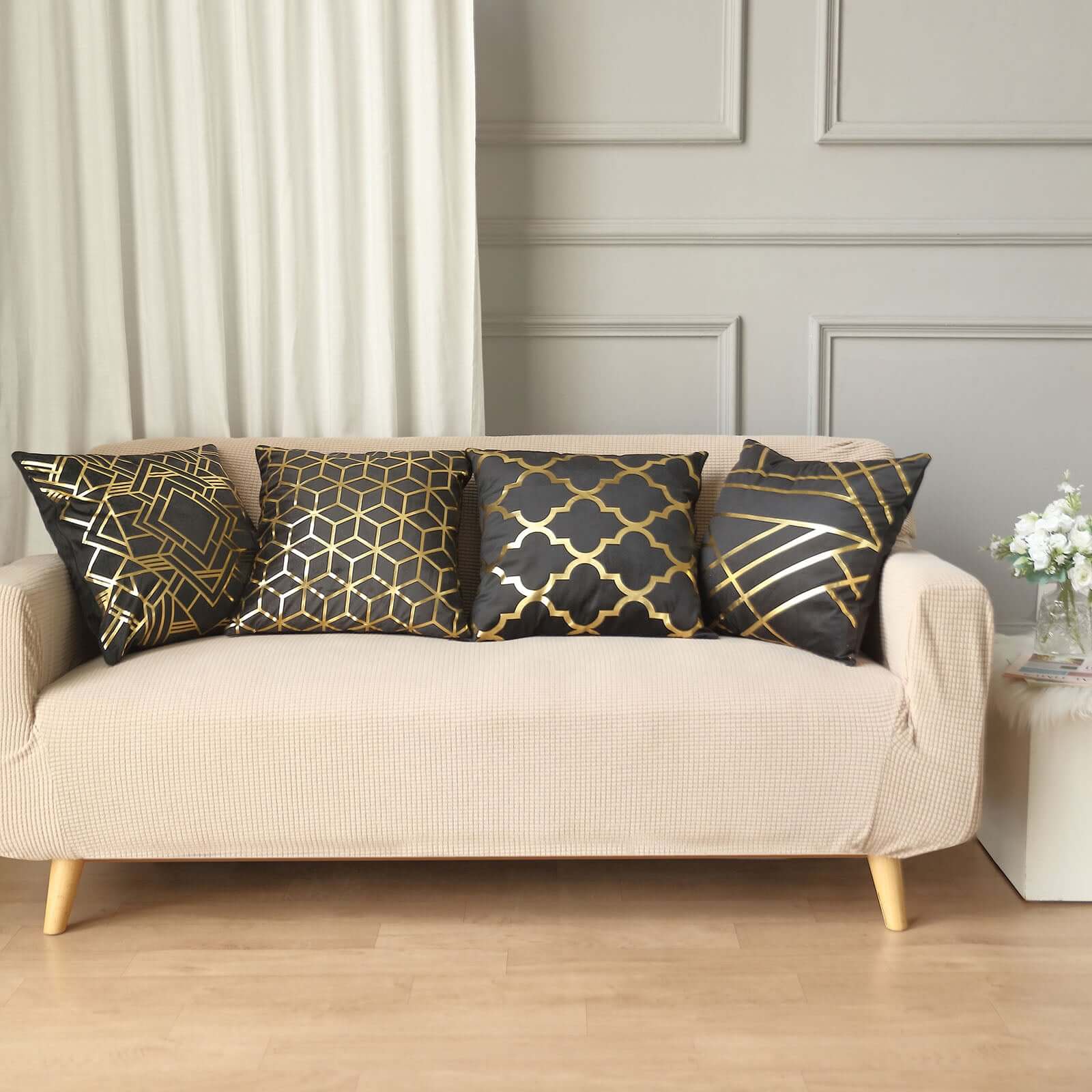 Set Of 4 18" Black Gold Foil Geometric Print Throw Pillow Covers, Velvet Square Sofa Cushion Covers