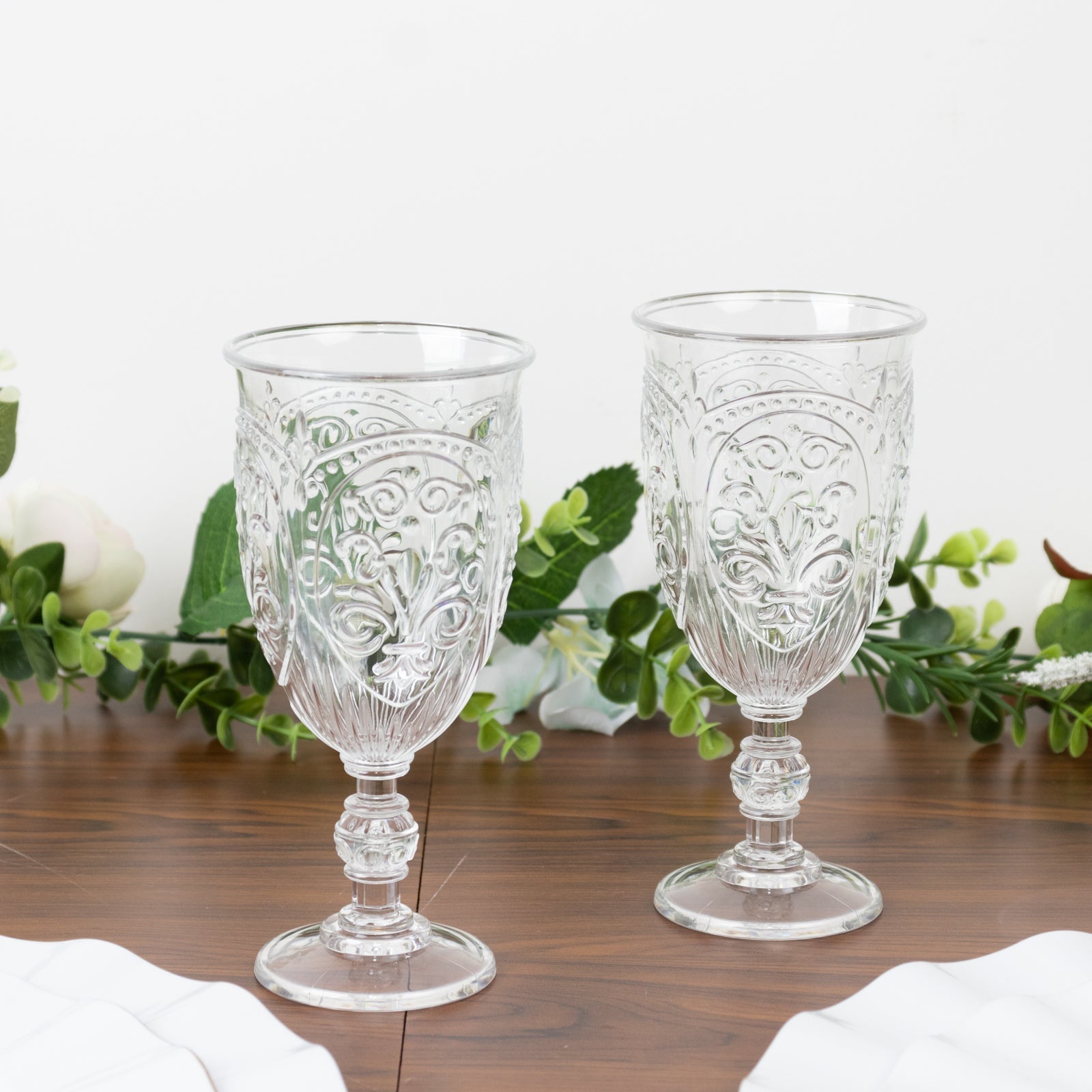 24-Pack Clear Plastic Wine Glasses 10oz – Vintage Goblets with Retro Embossed Design, Elegant Drinkware - 7" Tall