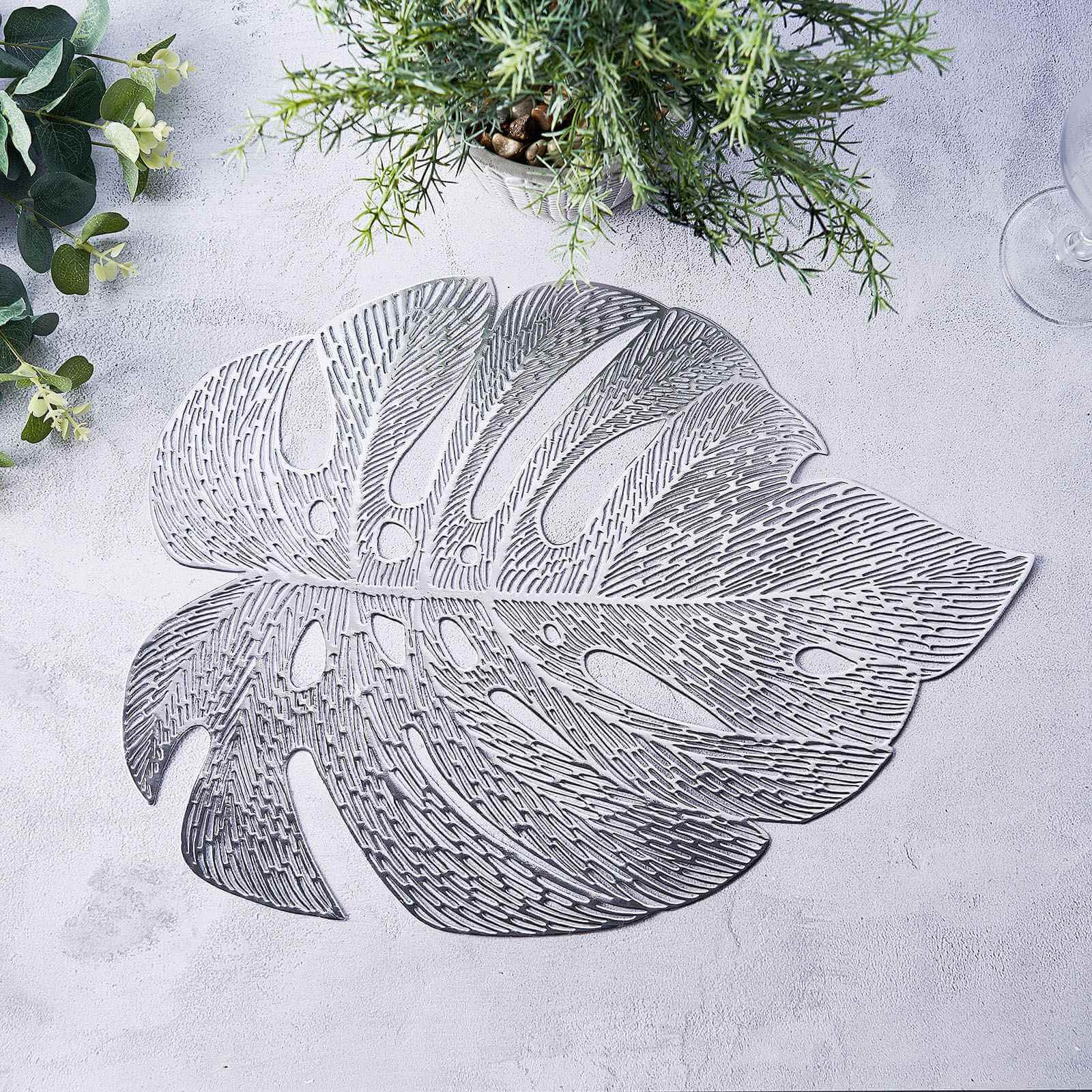 6-Pack Dining Table Mats Monstera Leaf Design Silver - Vinyl Non-Slip Surface for Tropical Themes 18"