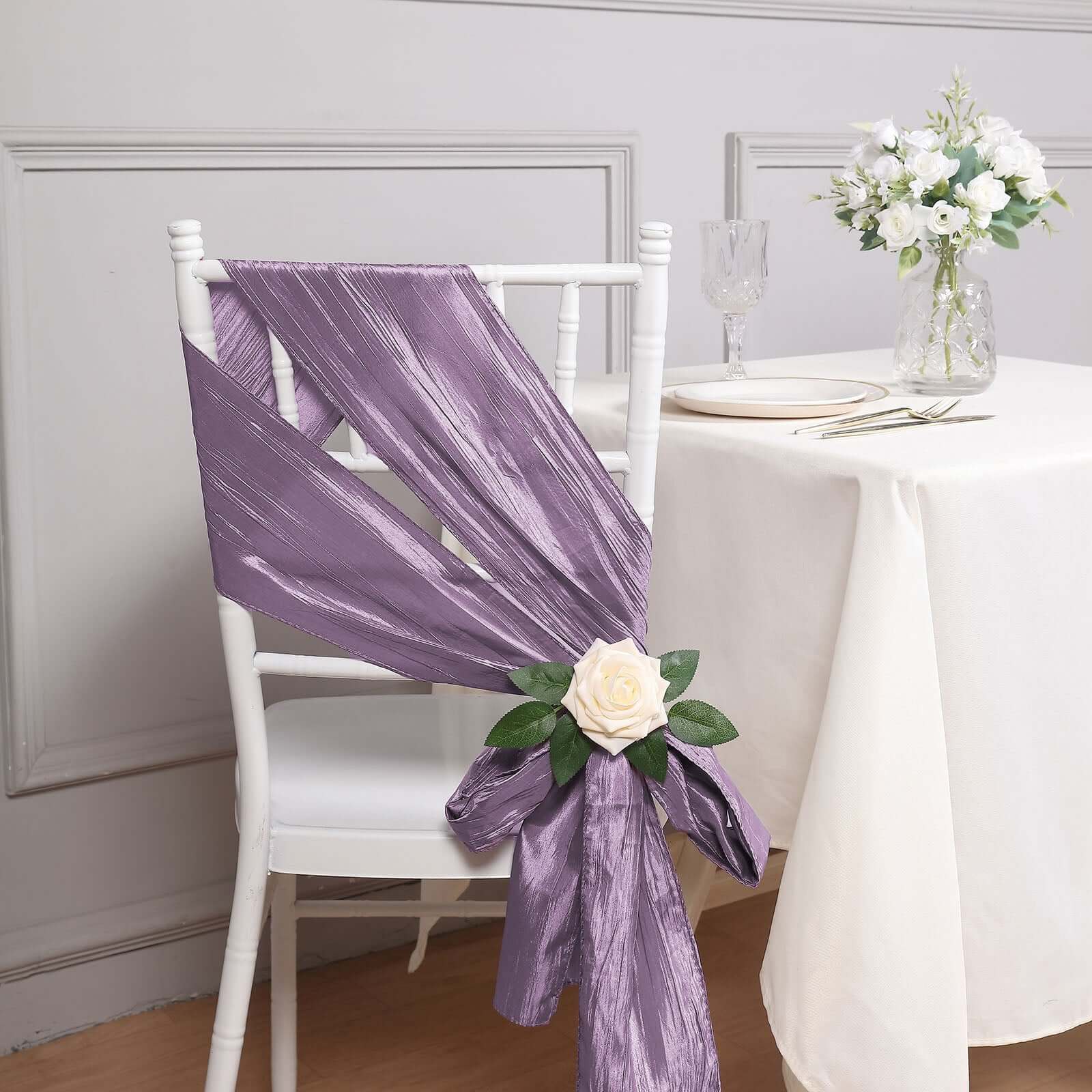 5 Pack Taffeta 6"x106" Chair Sashes Violet Amethyst Accordion Crinkle Texture - Stylish Decor for Weddings & Gatherings