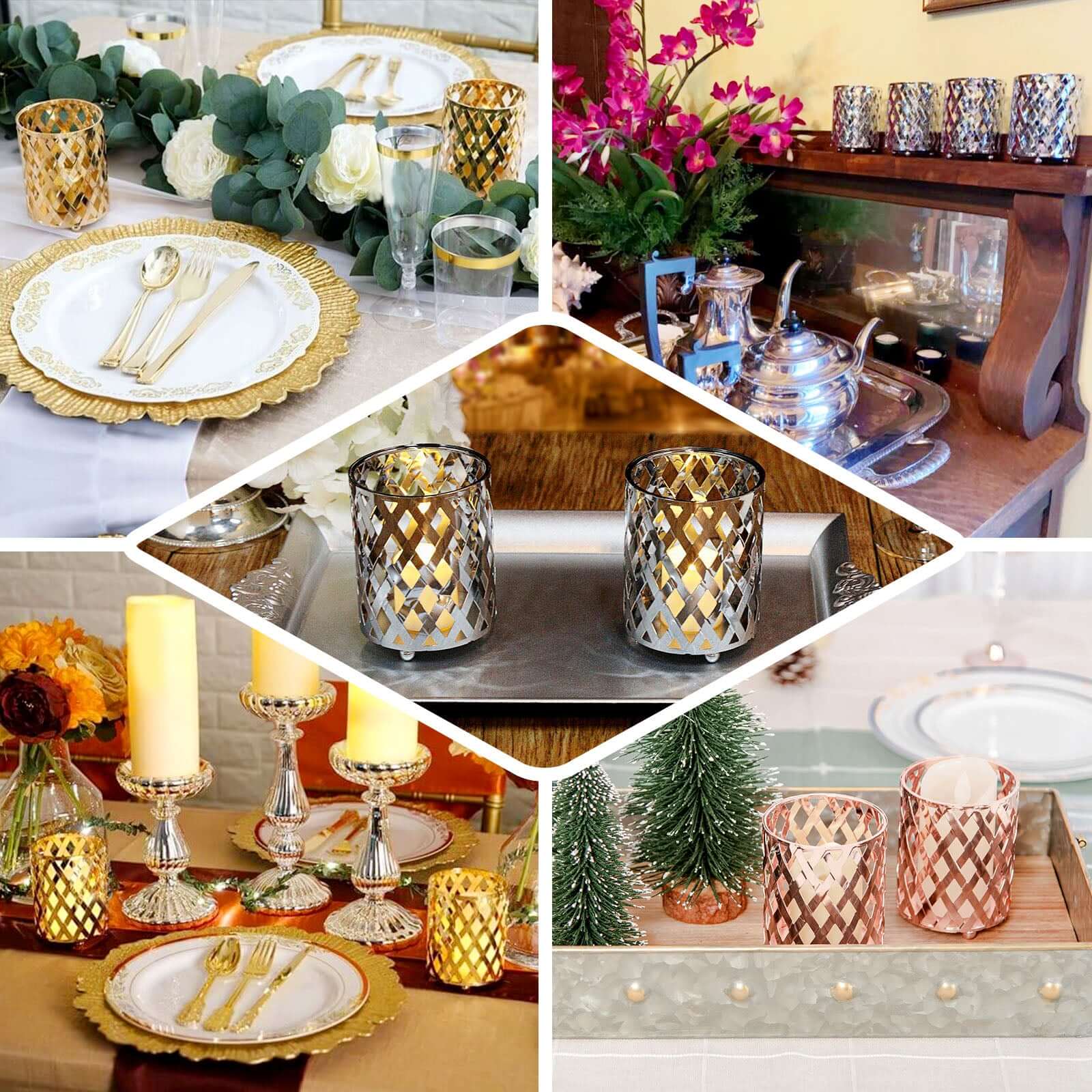 2-Pack Votive Candle Holders Gold Metal Diamond Cut Geometric Design - Perfect for Home Décor and Events 4"