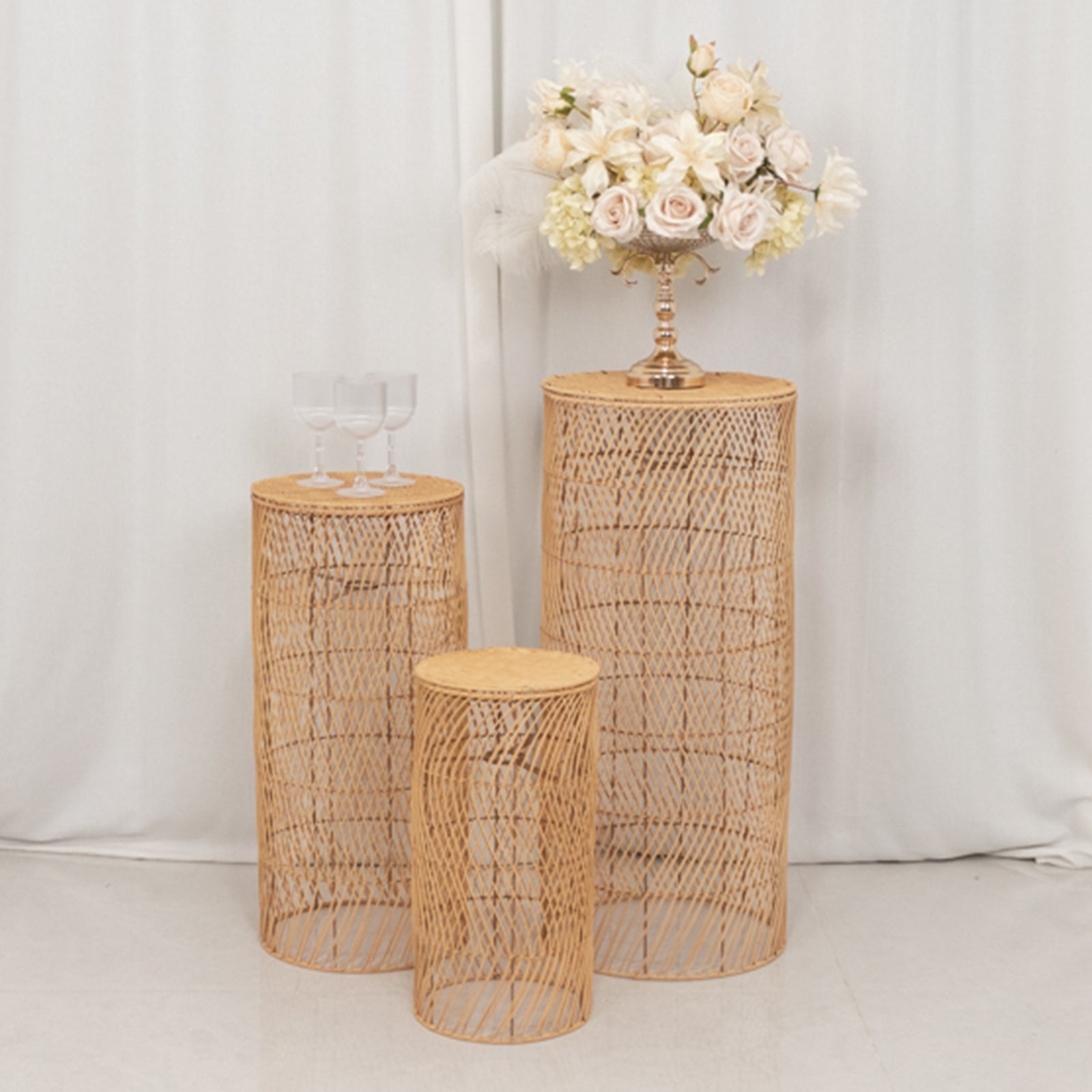 Set of 3 Natural Woven Rattan Wicker Pedestal with Wave Pattern - 19",27",33"