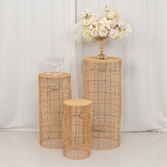 Set of 3 Natural Woven Rattan Wicker Pedestal with Wave Pattern - 19",27",33"