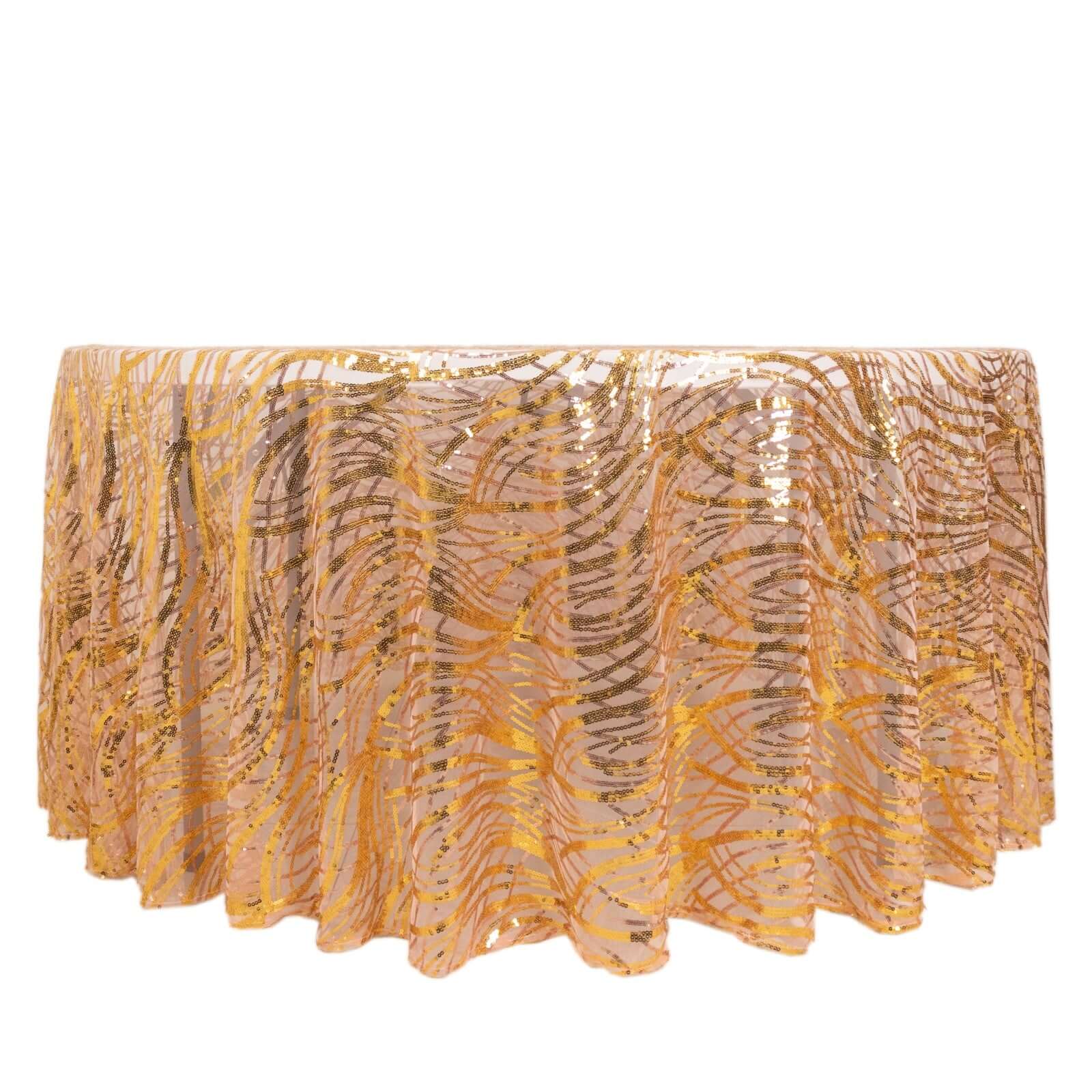 Sequin Mesh 120" Round Tablecloth Rose Gold/Gold - Seamless Wave Embroidered Table Cover