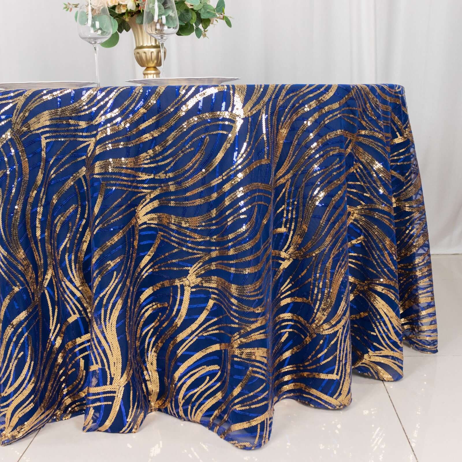 Sequin Mesh 120" Round Tablecloth Royal Blue/Gold - Seamless Wave Embroidered Table Cover
