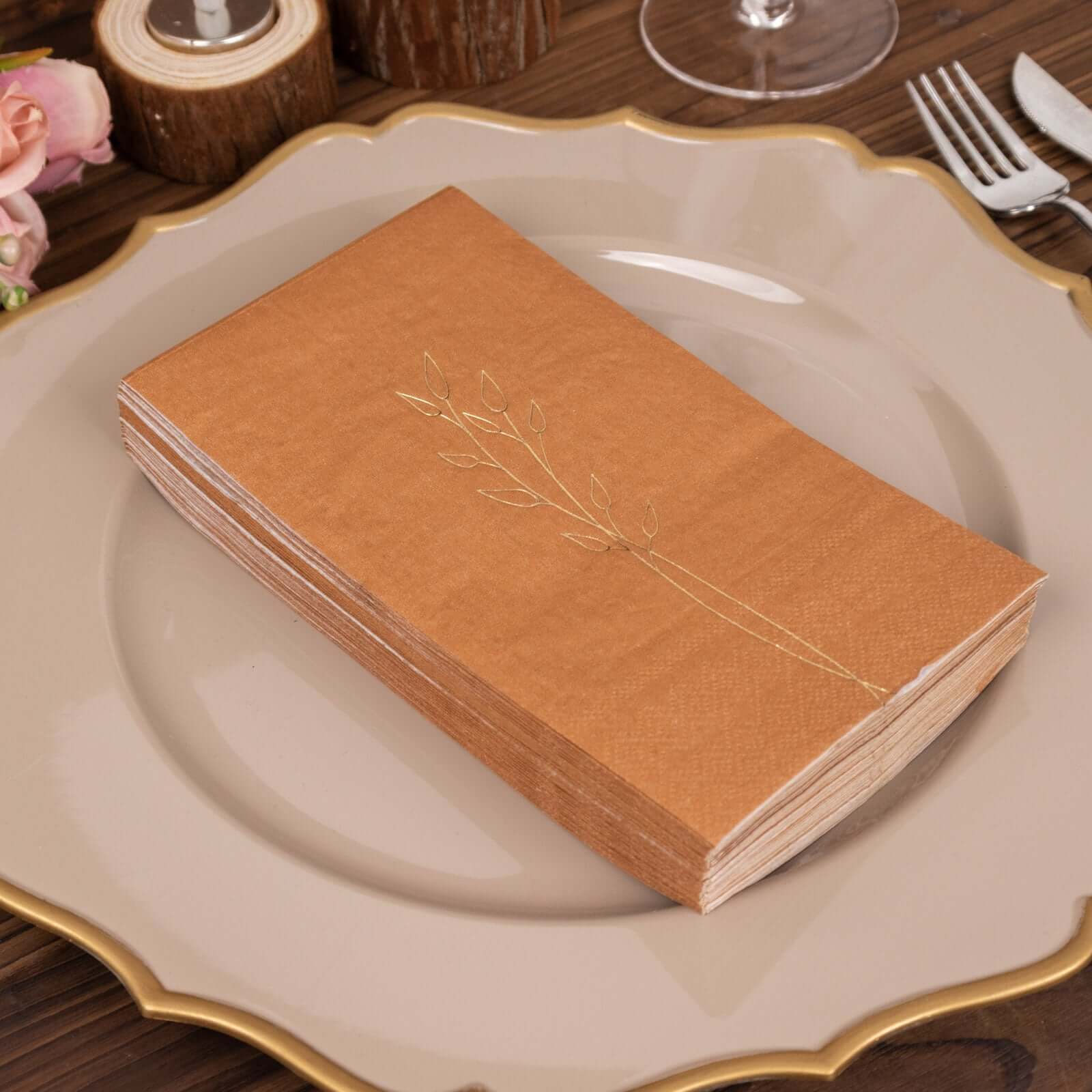 50-Pack Paper Dinner Napkins Terracotta (Rust) with Gold Embossed Leaf - Stylish 2-Ply Disposable Napkins for Weddings 18GSM