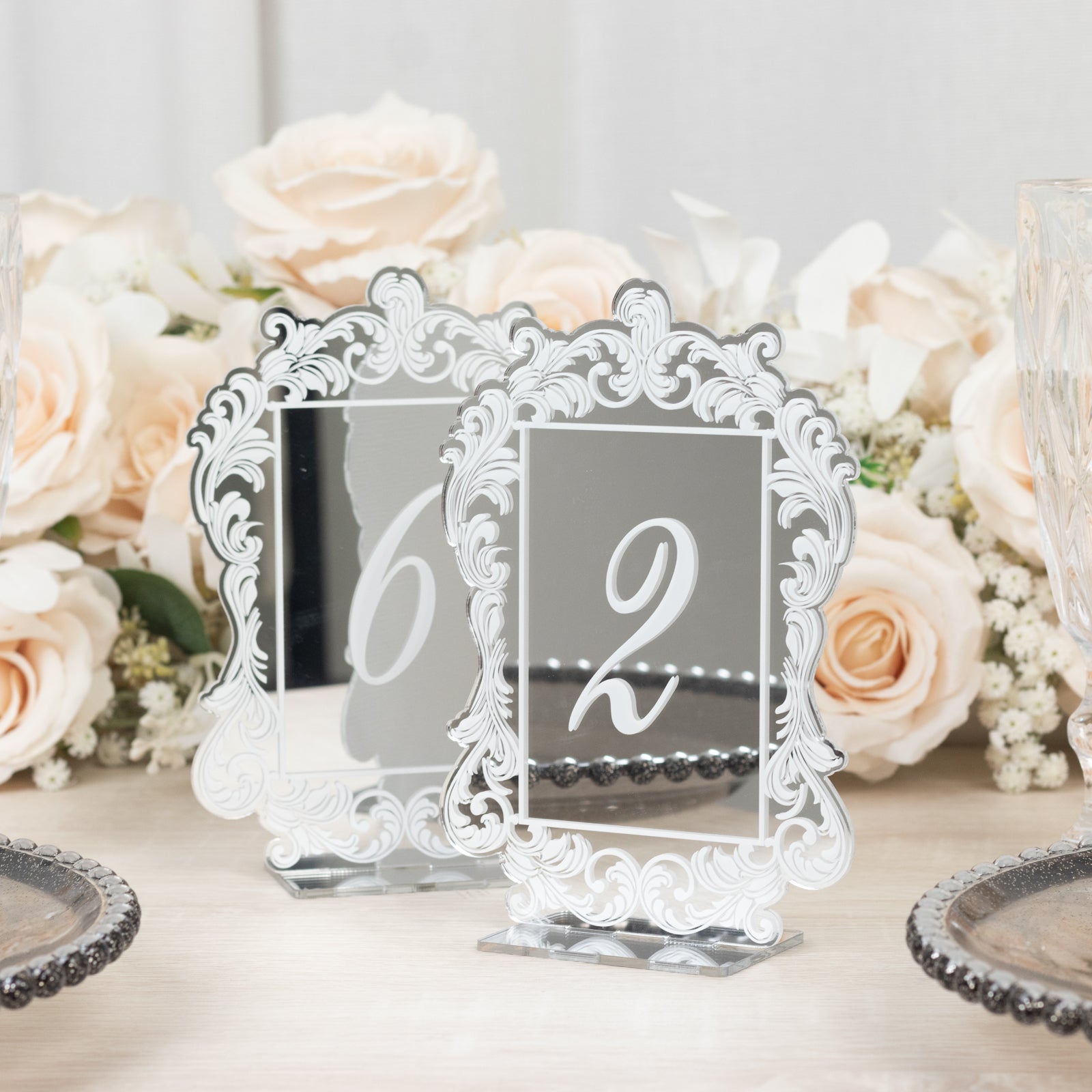 Silver Mirror Arch Acrylic Table Numbers (1-10) - 5"x7" Wedding Reception Signs with Baroque Lace Border, White Print & Stands