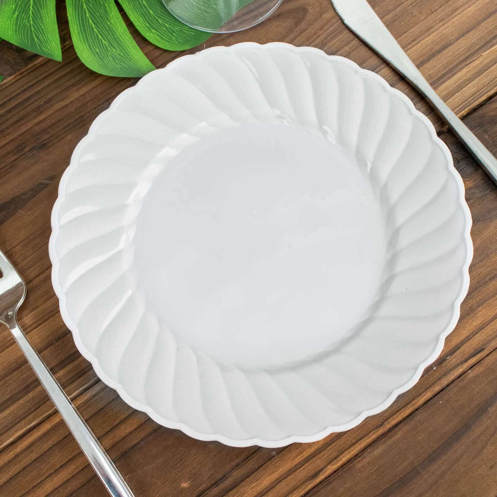 12-Pack Plastic Dessert Plates White Flair Rim - Sturdy Disposable Salad Plates 7.5"