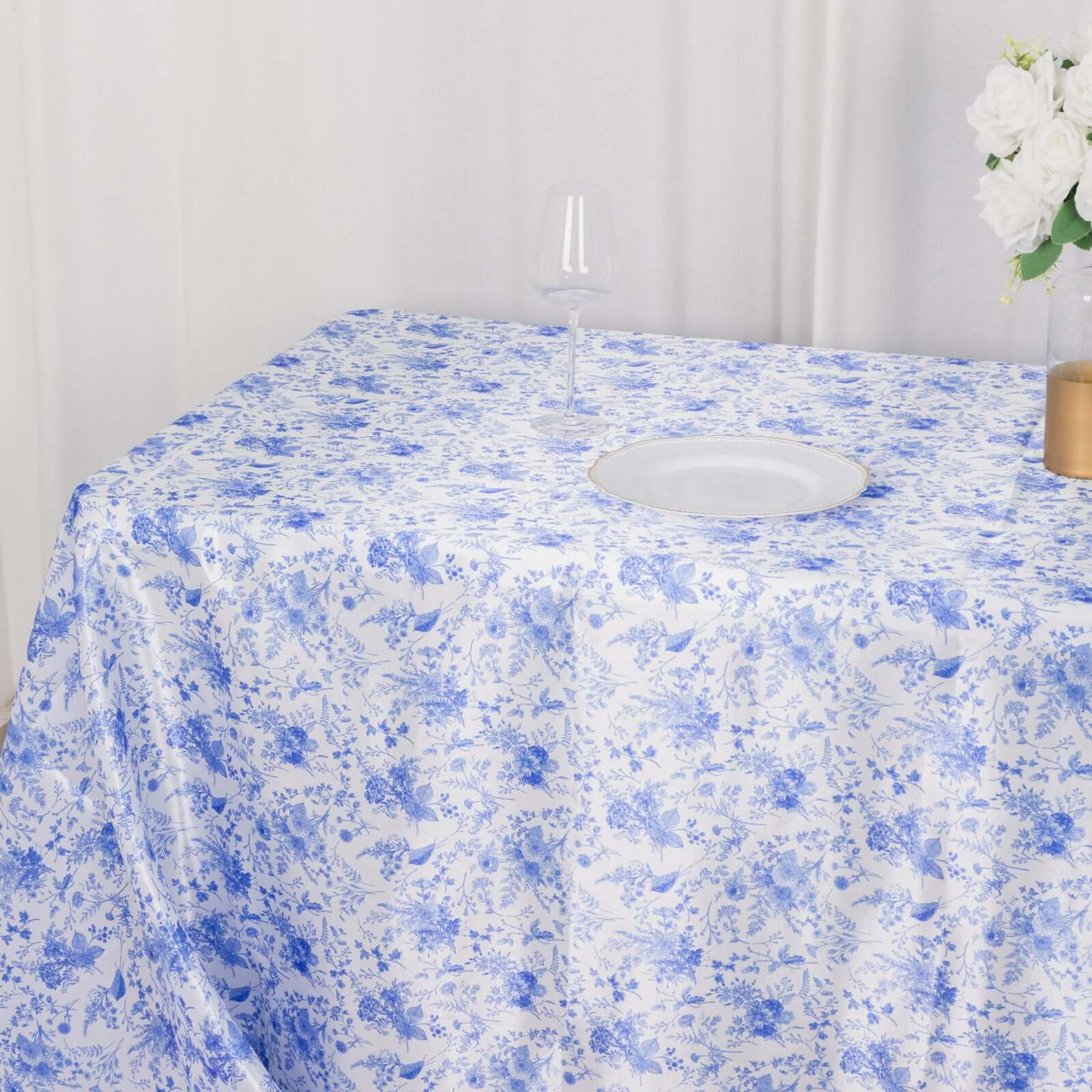 Satin Rectangular 90"x132" Tablecloth White/Blue French Toile Design - Seamless Stylish & Wrinkle-Resistant Table Cover