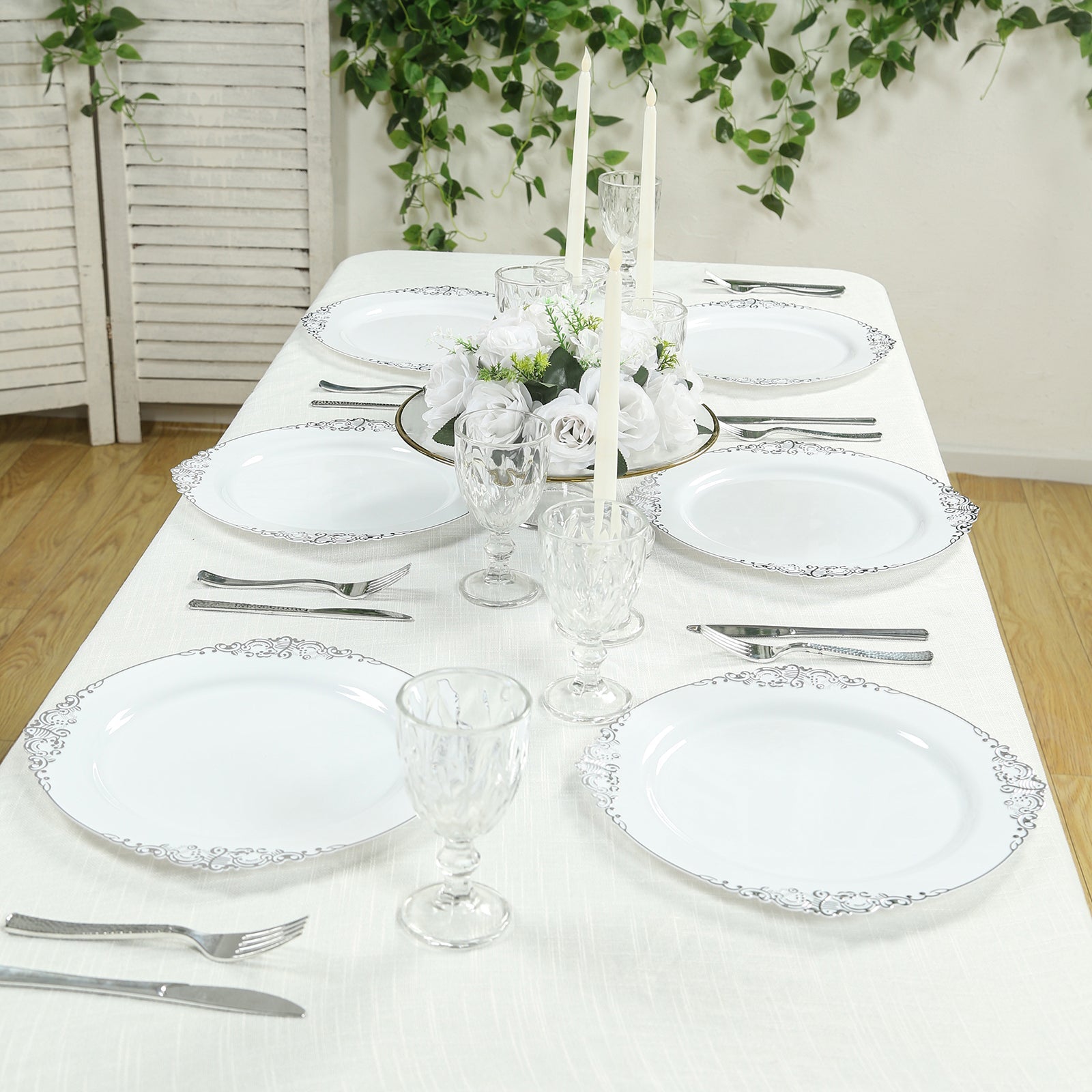 20-Pack Economy Plastic Round Charger Plates 13" in White with Silver Embossed Baroque Rim, Stylish Dinner Party Serving Plates