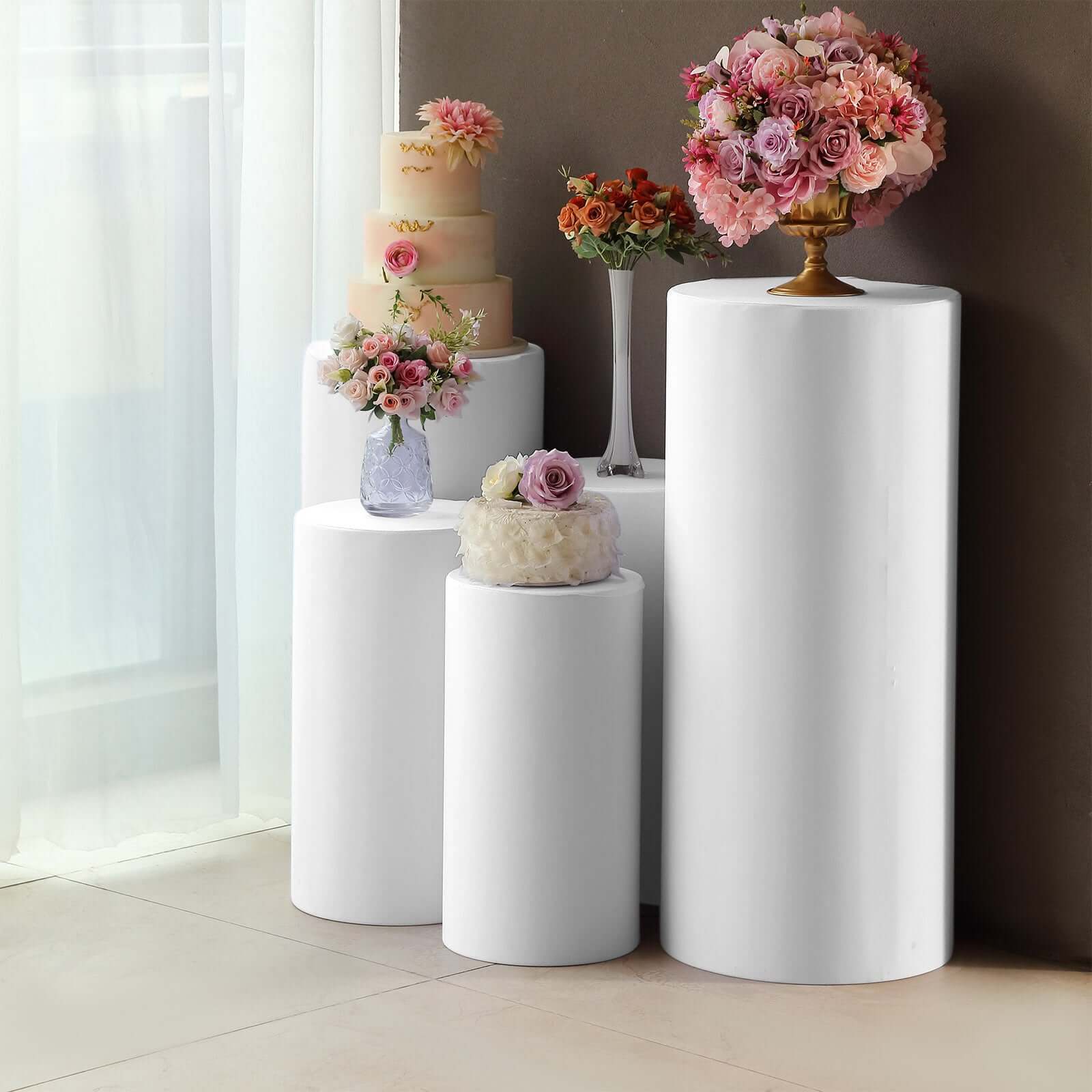 Set of 5 White Spandex Cylinder Pedestal Stand Covers, Stretchable Pillar Prop Covers - 160 GSM