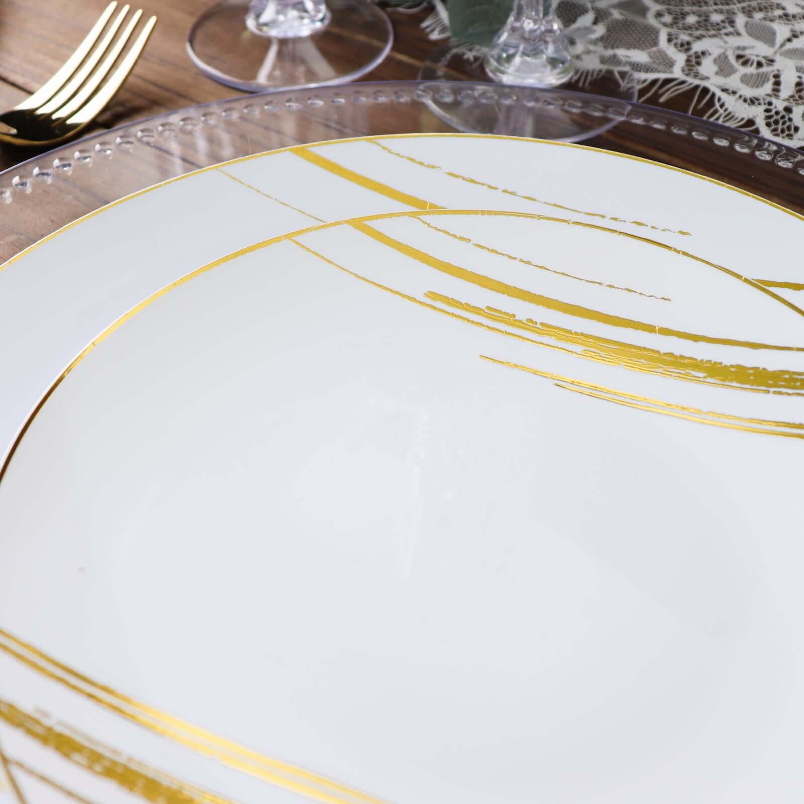 10-Pack Plastic 10" Round Dinner Plates in White with Gold Brush Stroked Print - Disposable Party Dinnerware for Modern Themed Events & Banquets