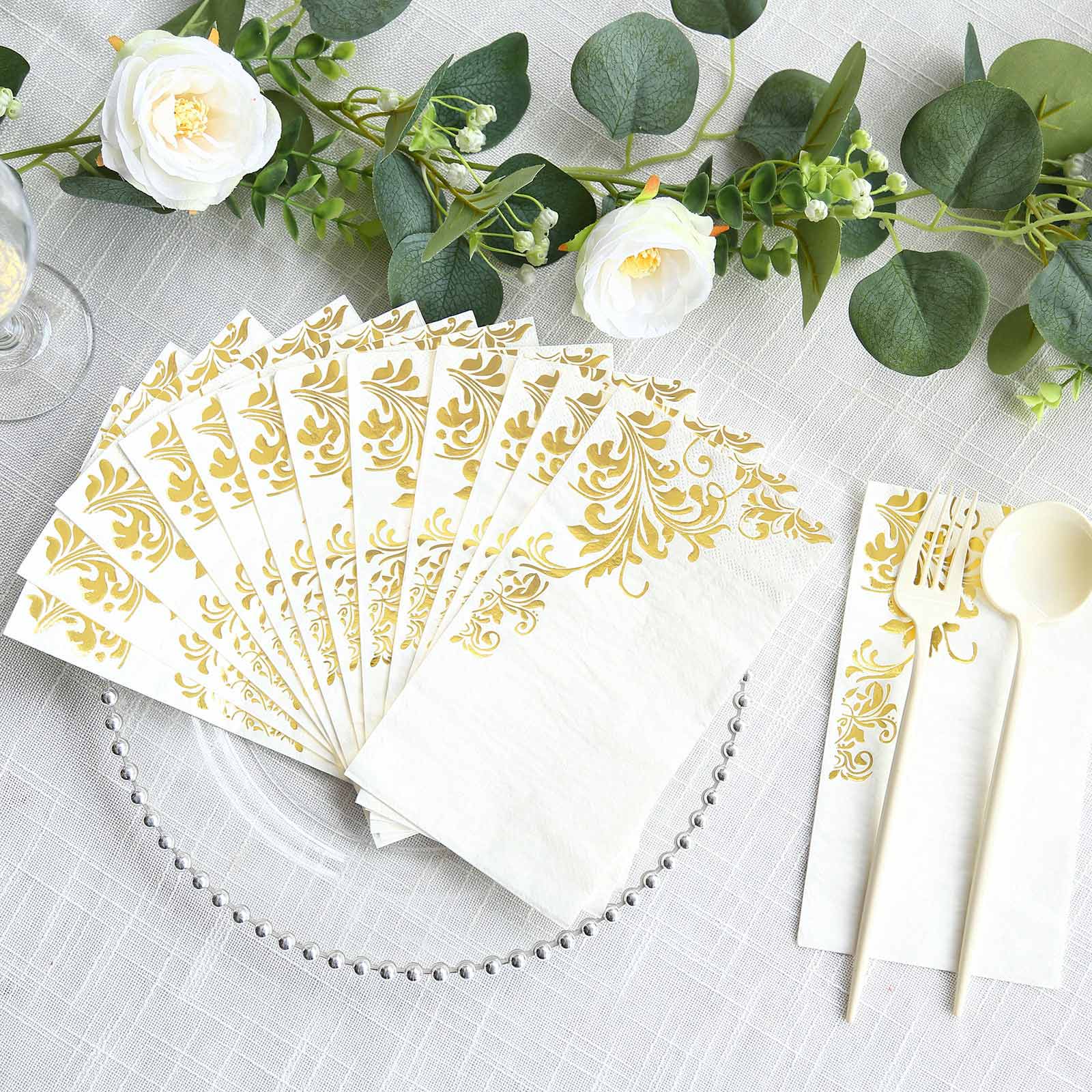 50-Pack Paper Napkins White with Gold Baroque Floral Print - Stylish Disposable Dinner Napkins 8"x4"