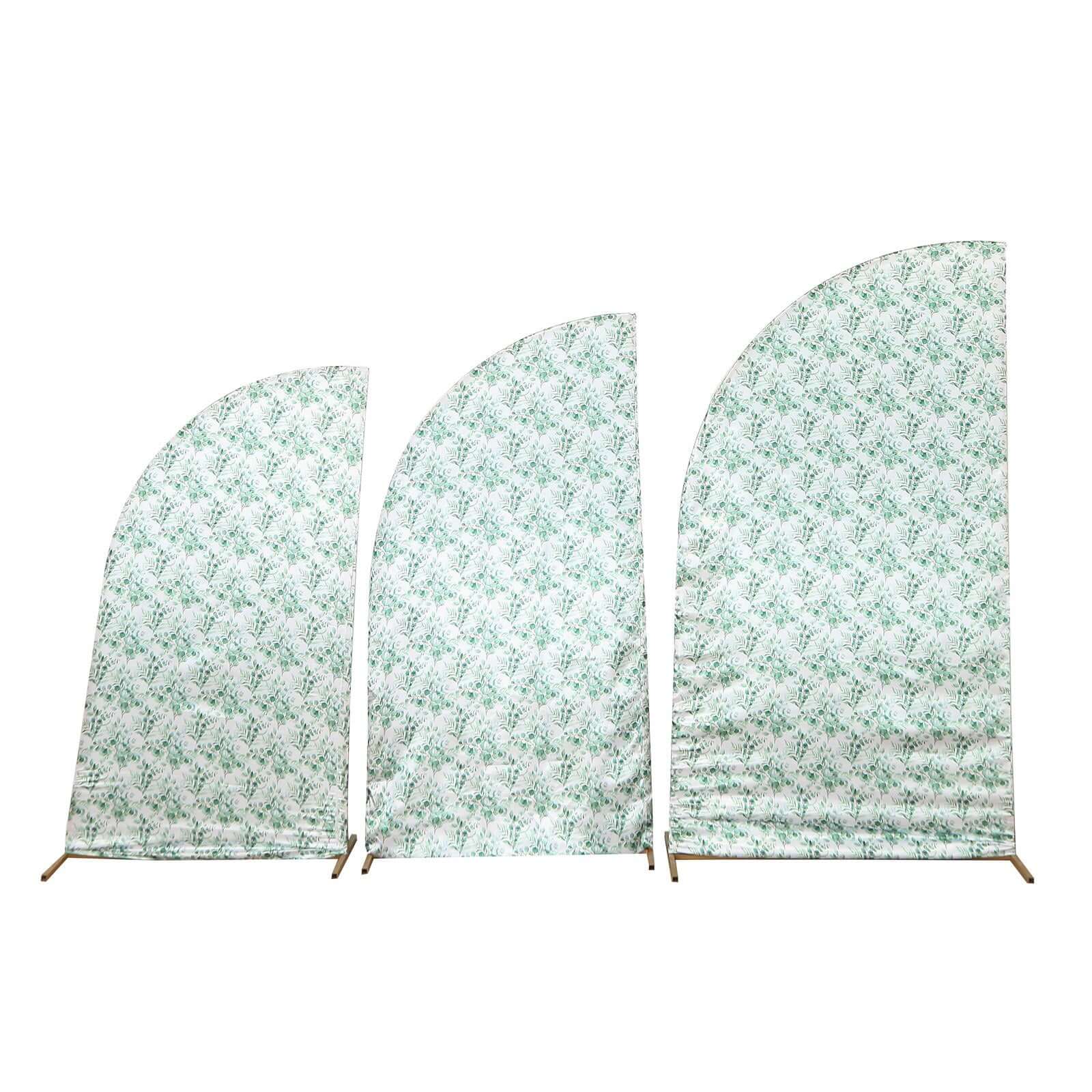Set of 3 White Green Satin Chiara Wedding Arch Covers With Eucalyptus Leaves Print, Fitted Covers For Half Moon Backdrop Stands - 5ft, 6ft, 7ft