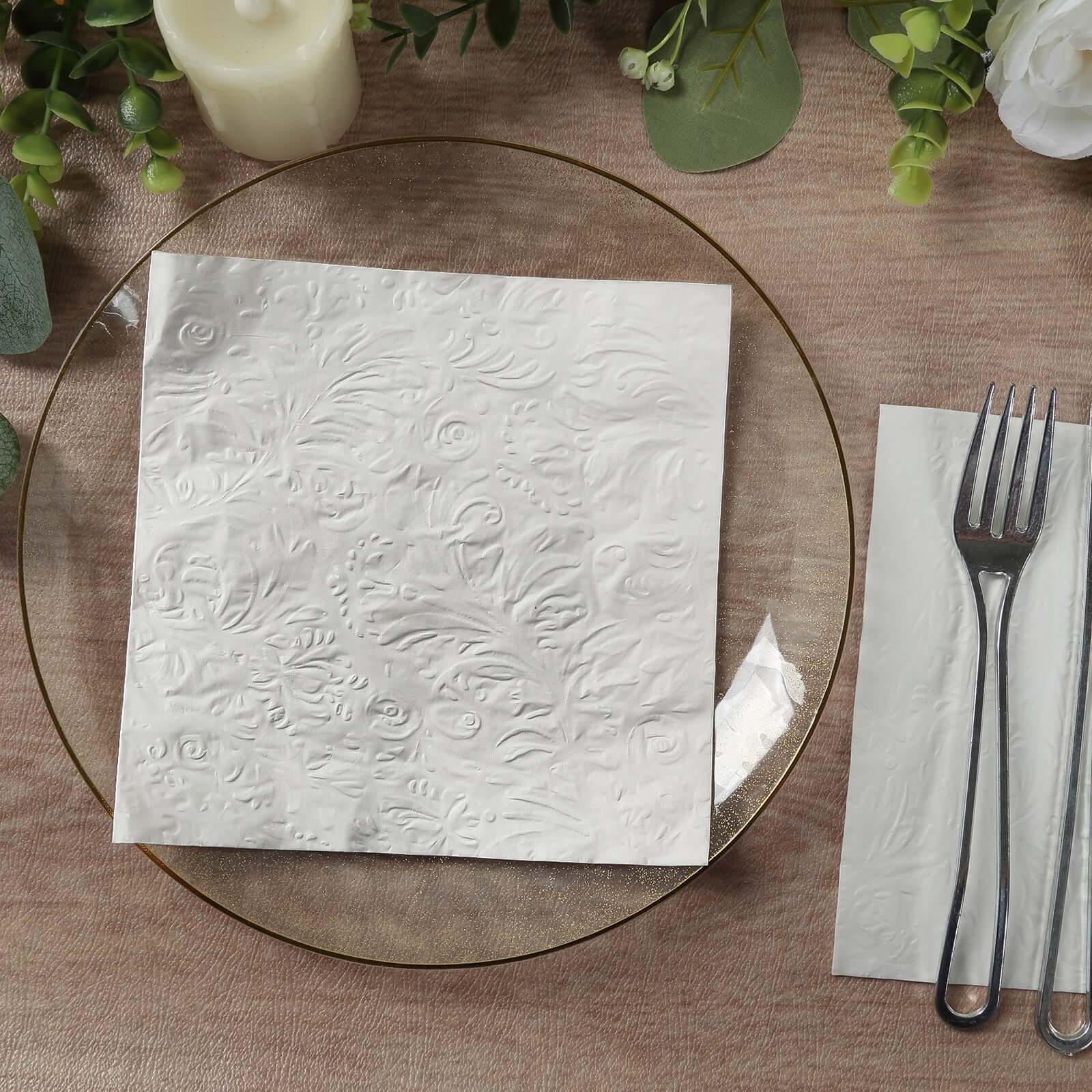 50-Pack Paper Cocktail Napkins with Embossed French Swirl Pattern White - Soft 2 Ply Beverage Napkins for Events 6.5"x6.5"