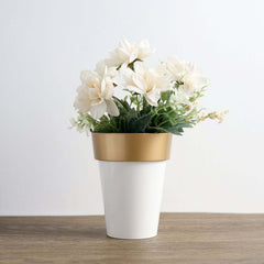 2-Pack Flower Plant Pots Medium Design White with Gold Rim - Plastic Indoor Decorative Planters 6"