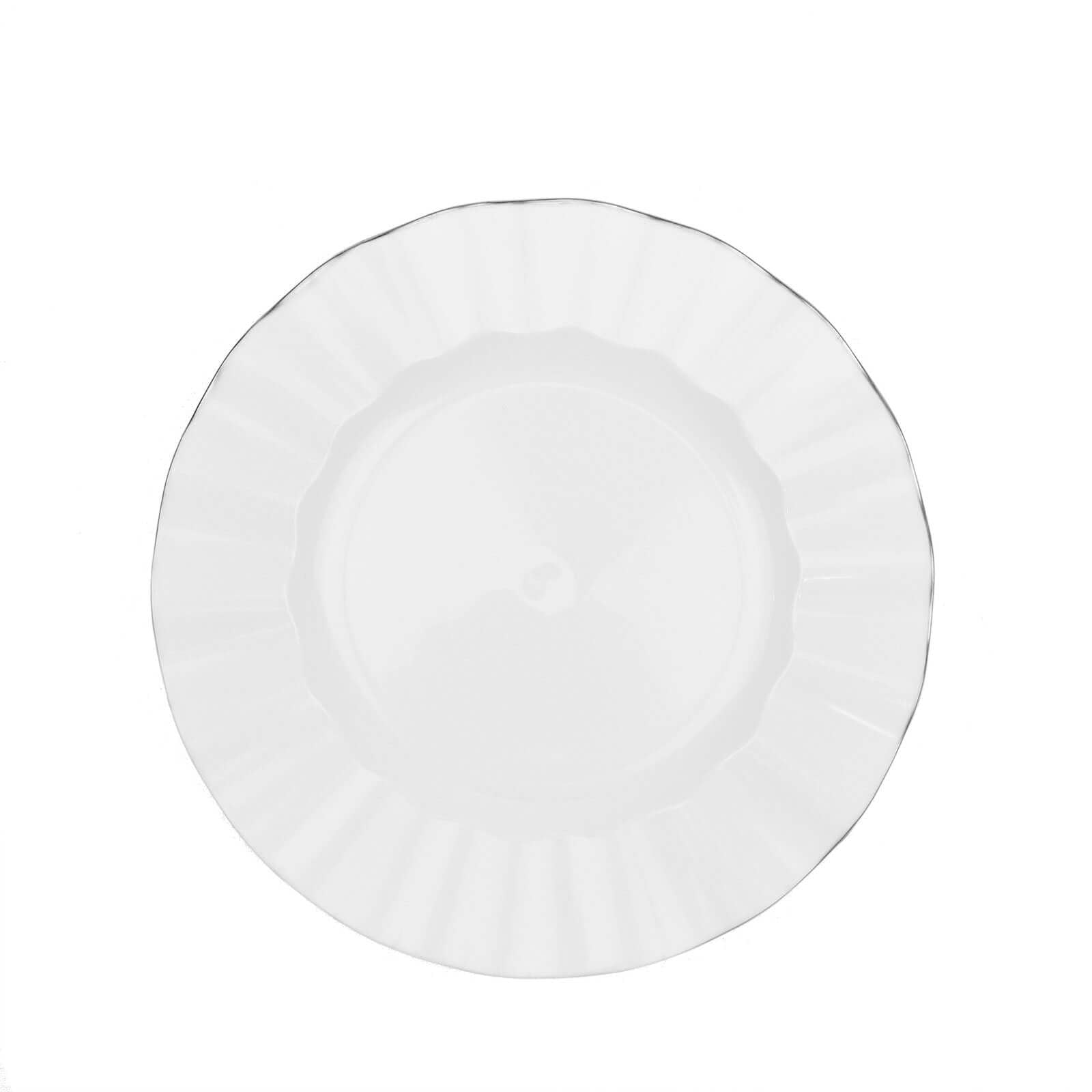 10-Pack Plastic 9" Round Dinner Plates in White Ruffled Rim with Gold Edging - Sturdy Disposable Dinnerware for Classy Events & Banquets
