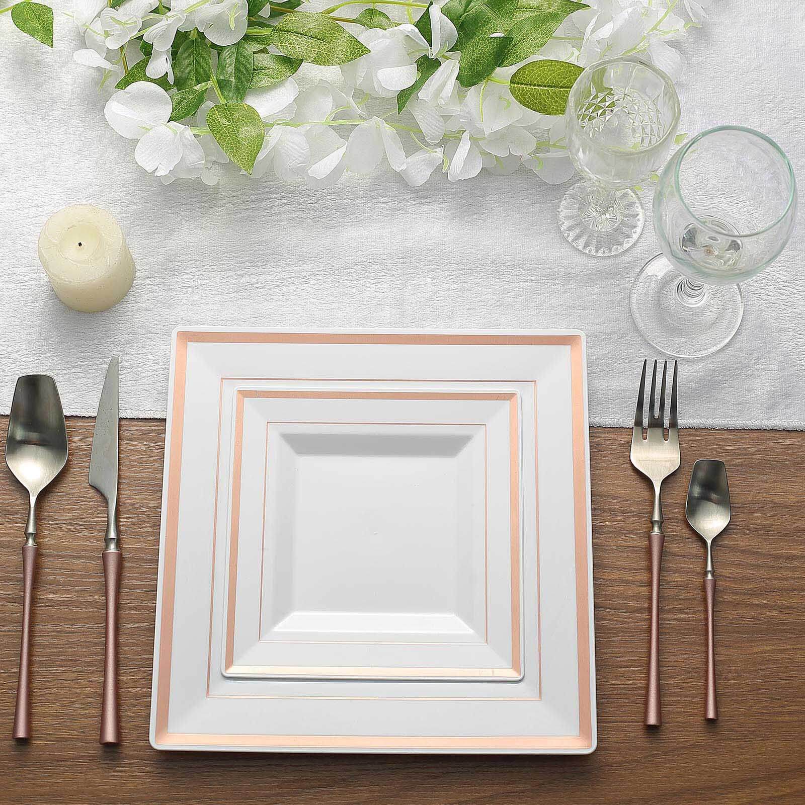 10-Pack Plastic Dinner Plates White Square with Rose Gold Trim - Lightweight Disposable Plates for Events 10"