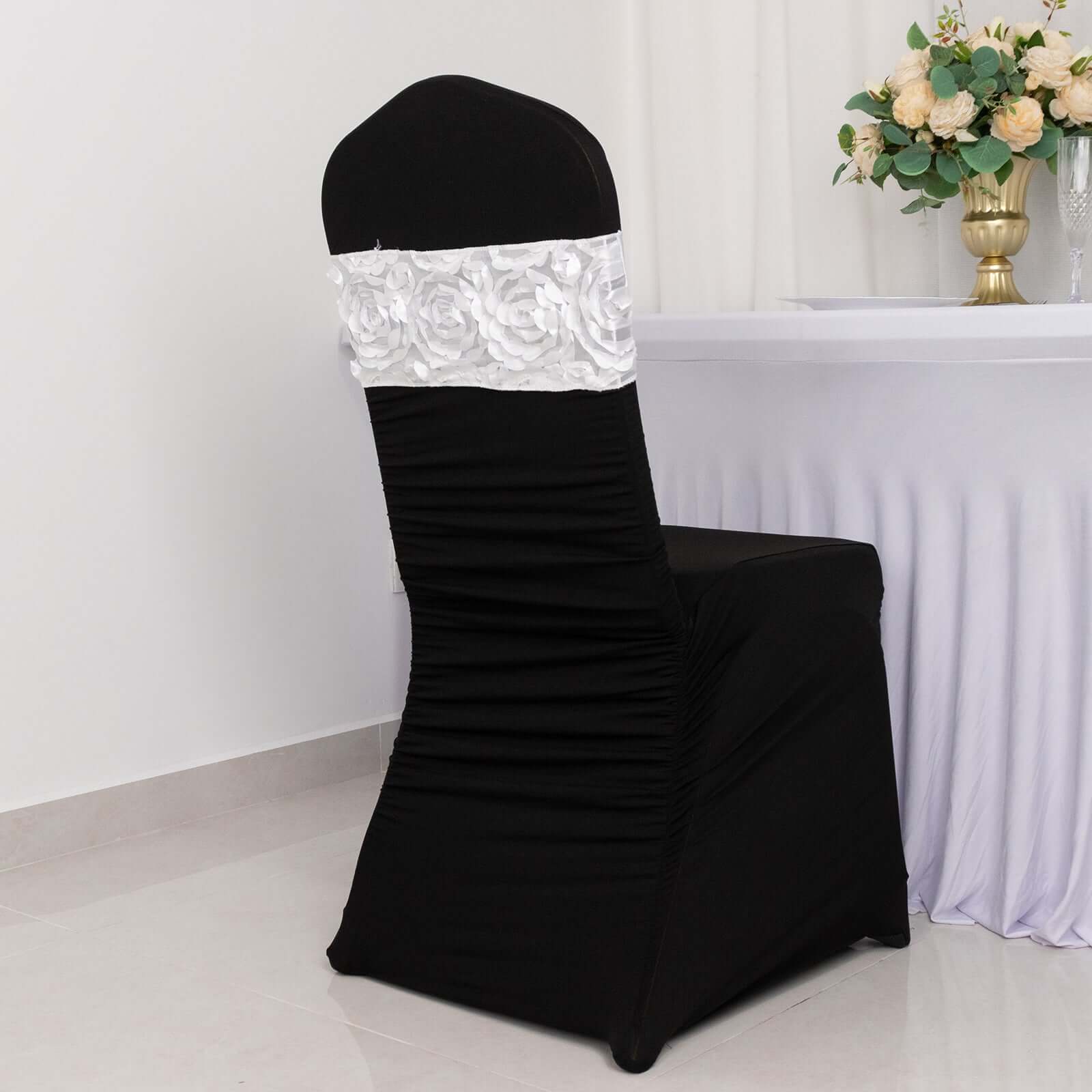 5 Pack Satin Spandex Chair Sashes White - Exquisite Rosette Design Stretch Chair Bands 6"x14"