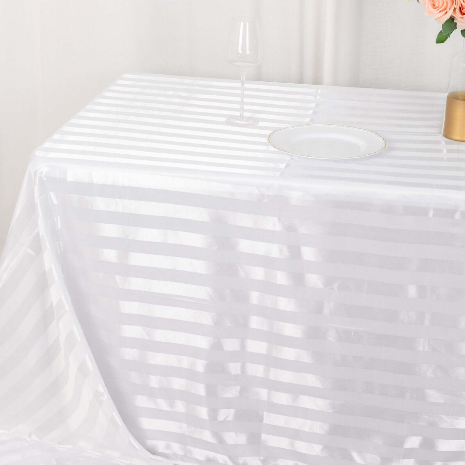 Satin Striped 90"x132" Rectangular Tablecloth White - Seamless Silky Smooth Wedding Decor