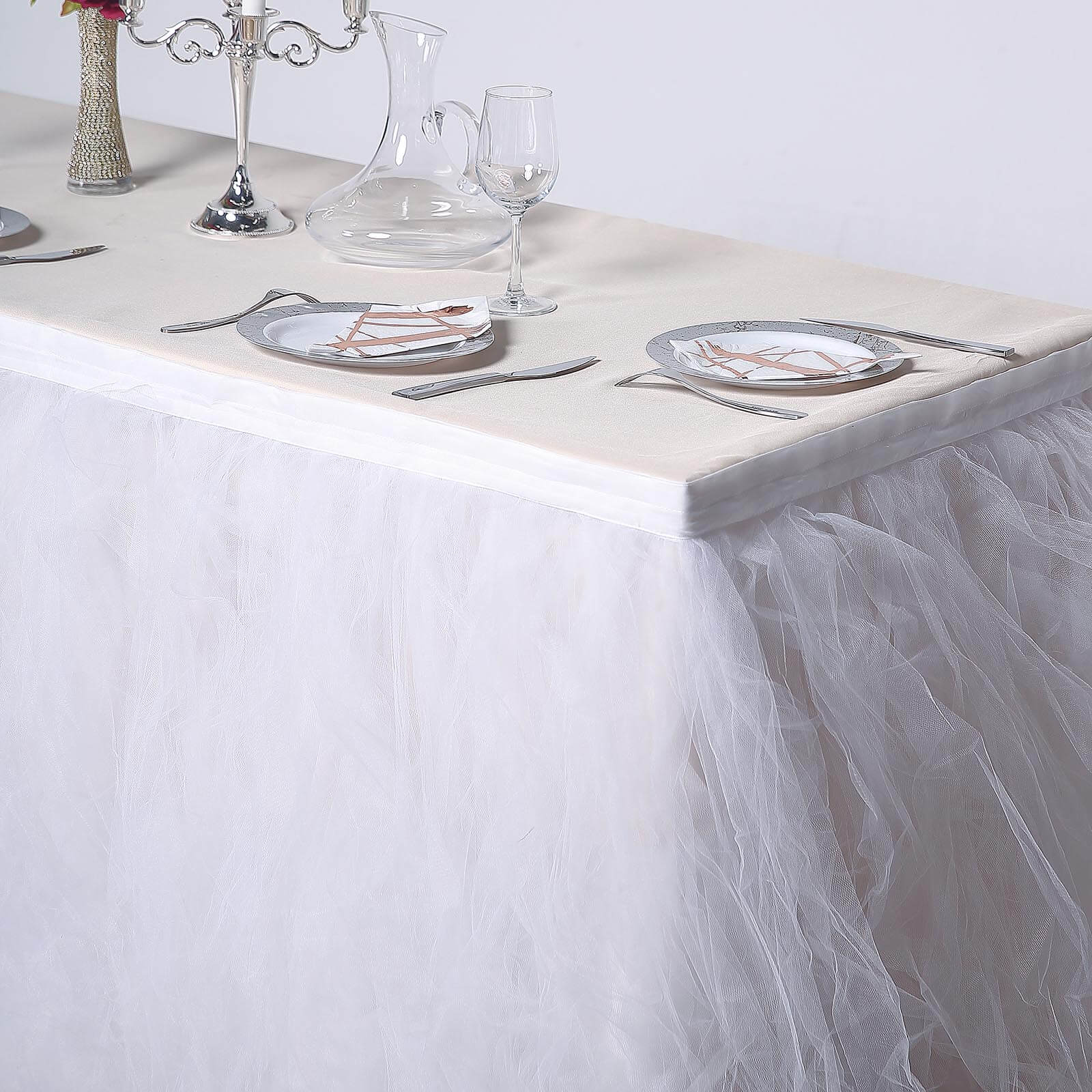 Tulle 21ft Table Skirt White - 4 Layer Pleated Tutu Chic & Soft Event Table Cover