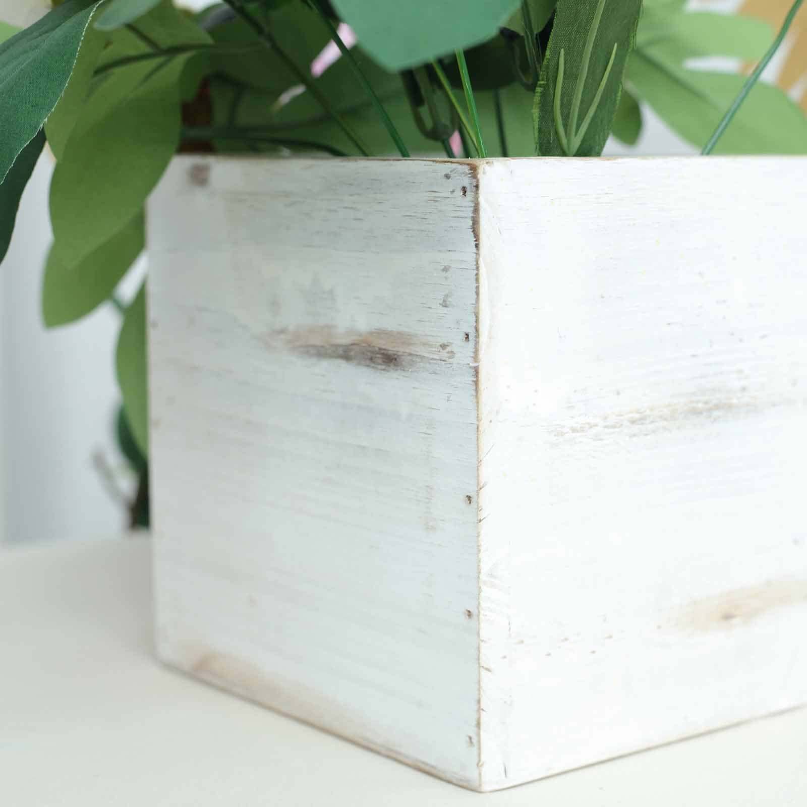 2 Pack 6" Whitewash Square Wood Planter Box Set With Removable Plastic Liners