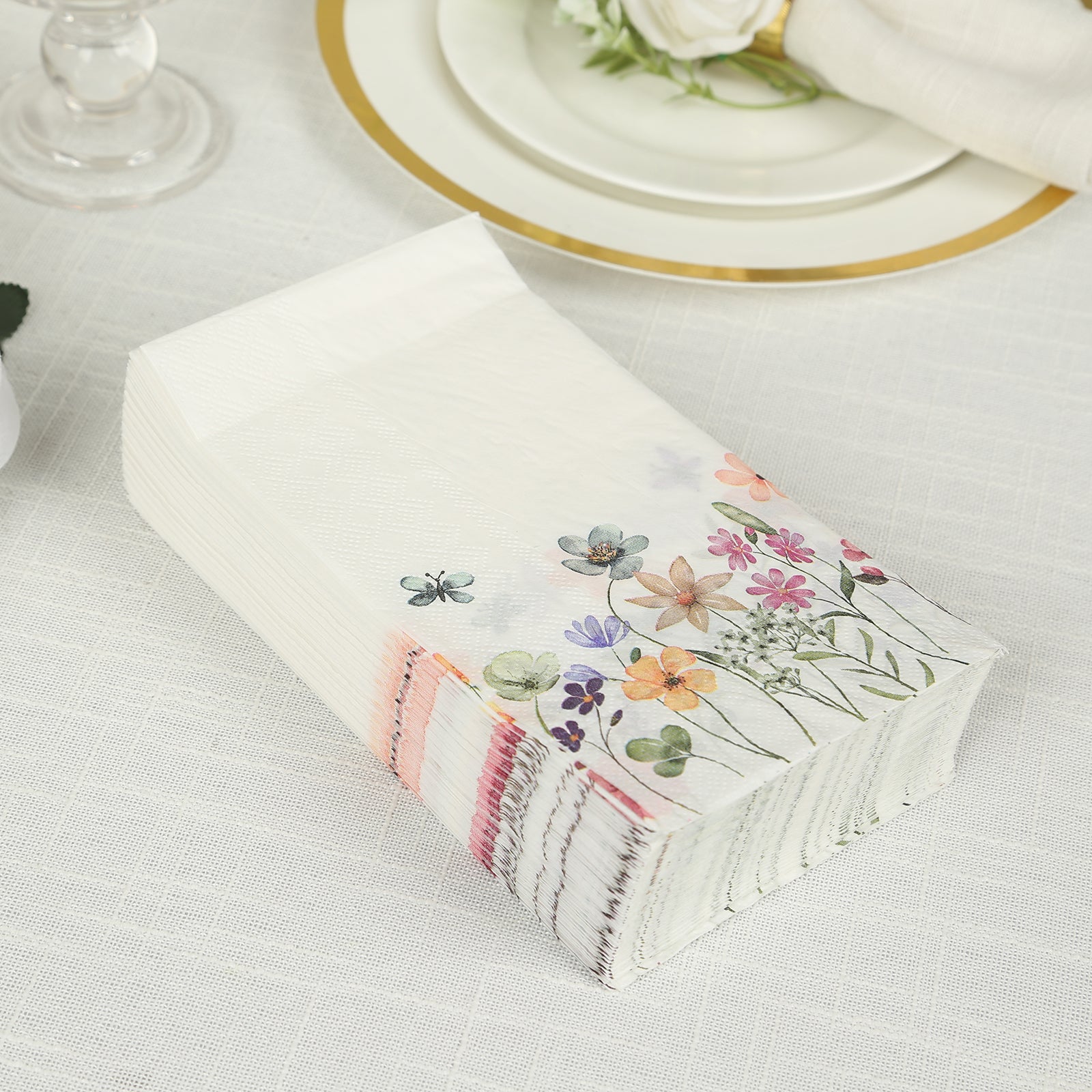 50-Pack Paper Dinner Napkins Wildflower Butterfly Design 2 Ply - Soft Disposable Napkins for Parties 8"x4"