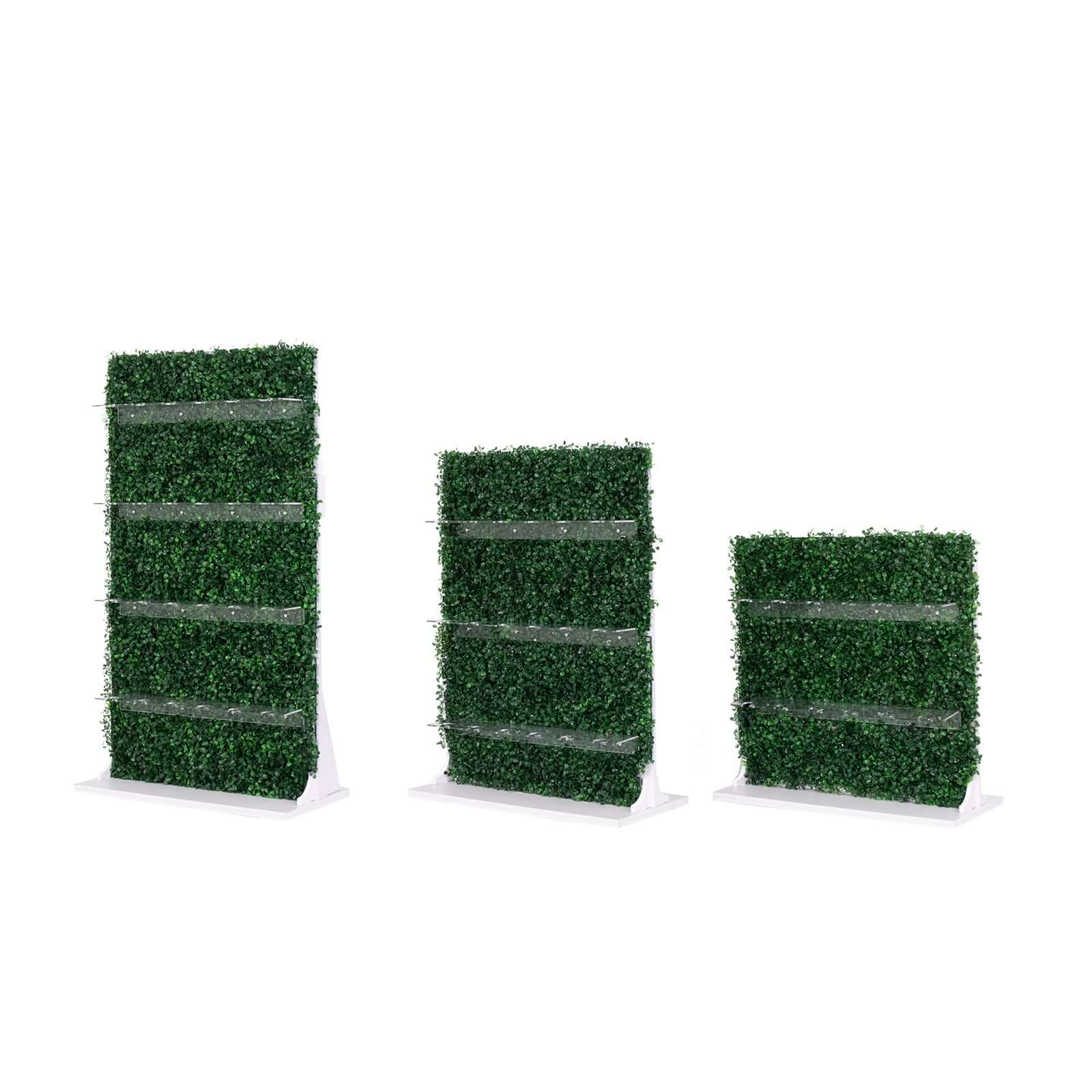 Set of 3 Champagne Wall Glass Holder Green - Tiered Faux Boxwood Stemware Rack Cocktail Display Drink Organizer for Classy Events & Banquets 24", 33", 42"