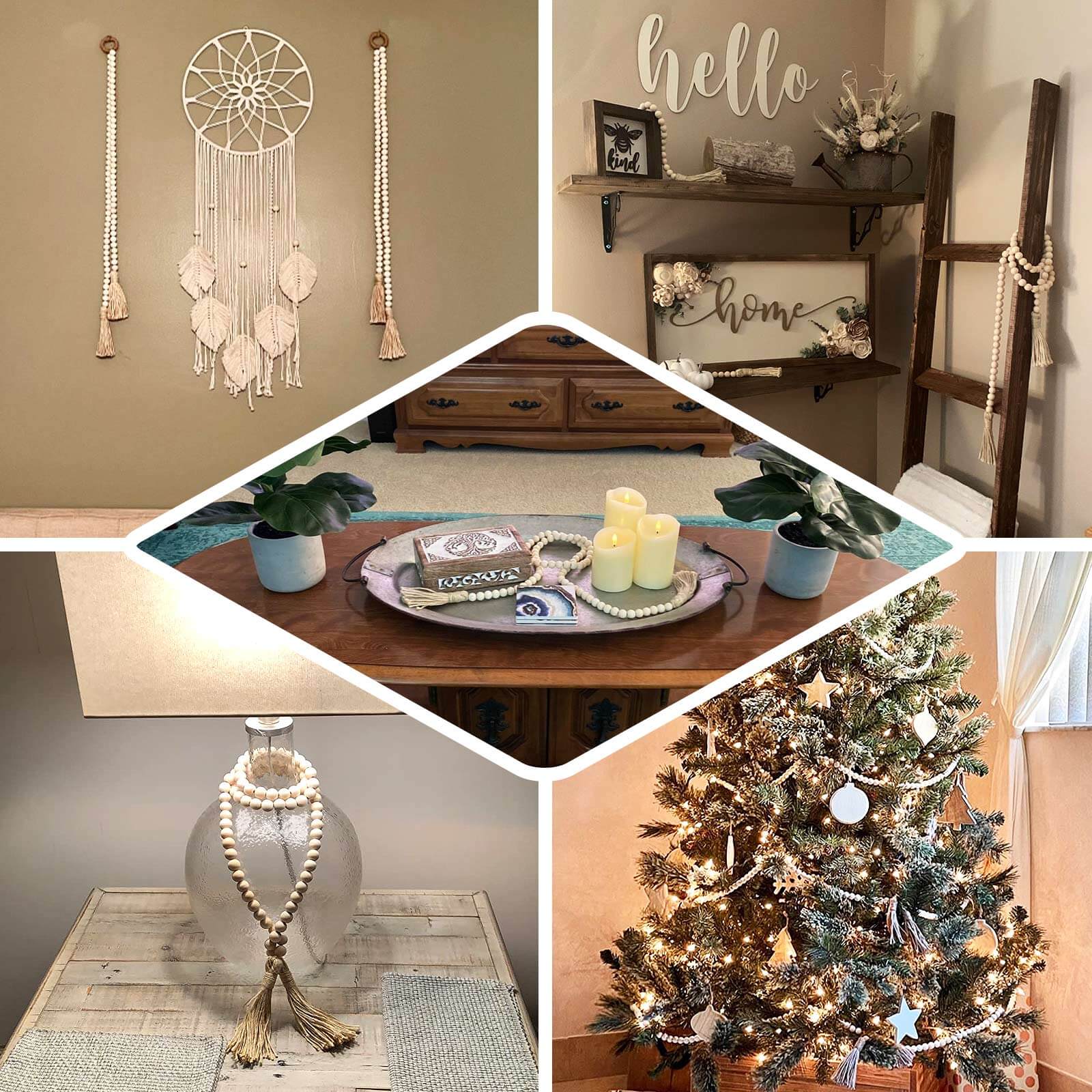 55" Cream Rustic Boho Chic Wood Bead Garland With Tassels, Farmhouse Country Wood Bead Chain