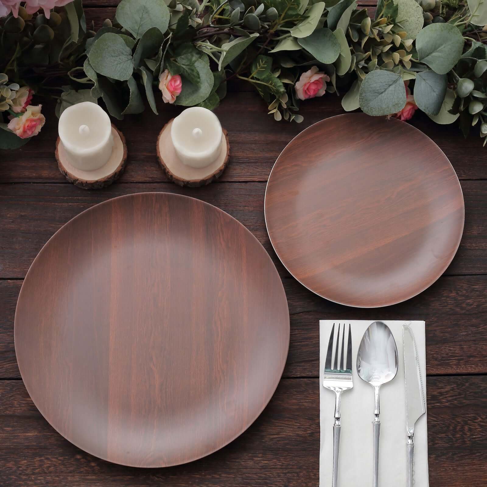 Pack of 6 Melamine 8" Round Dessert Plates in Brown Wood Grain Print - Disposable Shatterproof Appetizer Salad Plates for Rustic Farmhouse-Inspired Table Decor