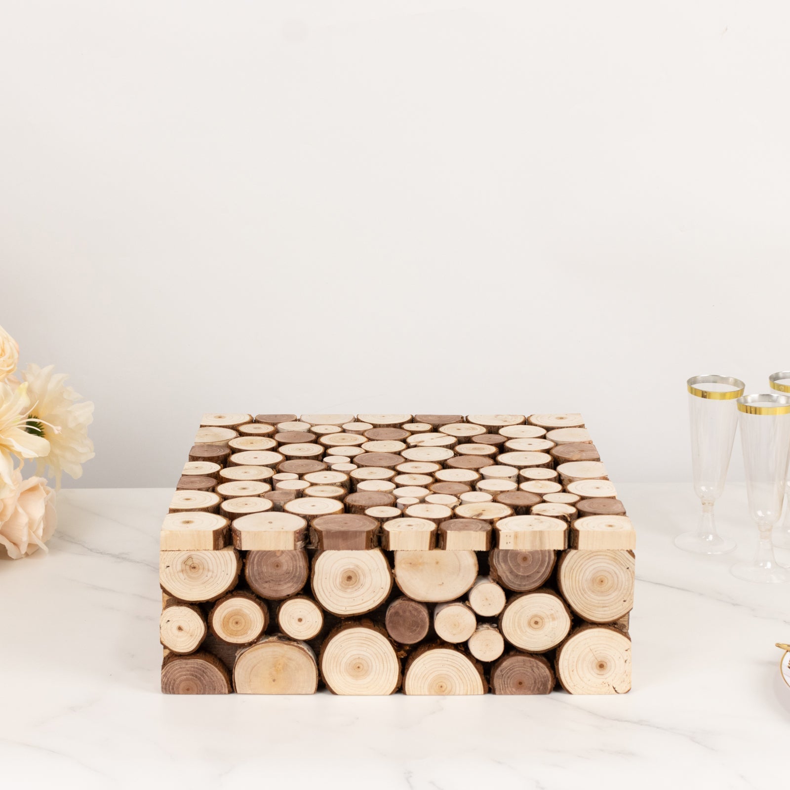 Wooden Cake Stand 14"x14" Square Design Rustic Natural Slices - Farmhouse Display Box Pedestal Riser