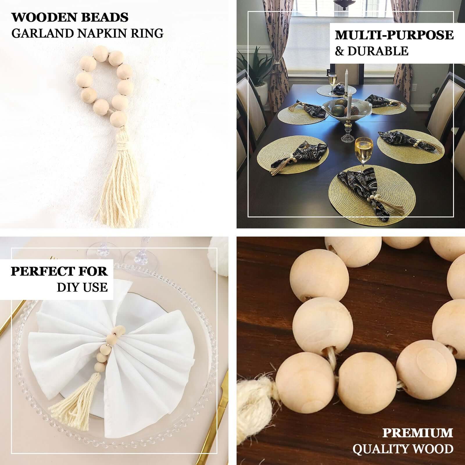 4 Pack 6" Cream Rustic Boho Chic Wood Bead Napkin Rings With Tassels, Farmhouse Country Napkin Holders
