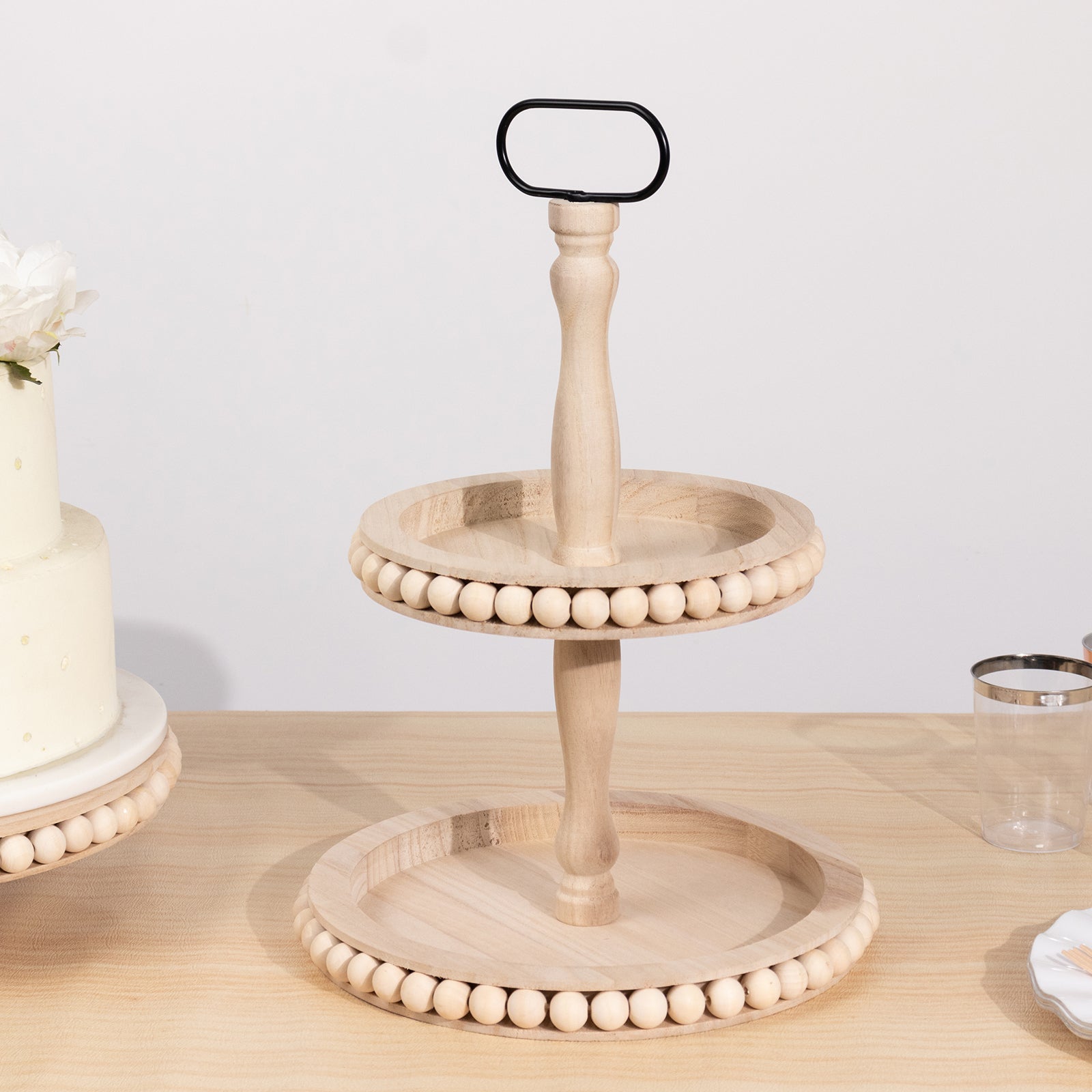 2-Tier Wooden Serving Tray Stand Beaded Design with Metal Handle Natural - Round Rustic Farmhouse Cupcake Display 17"