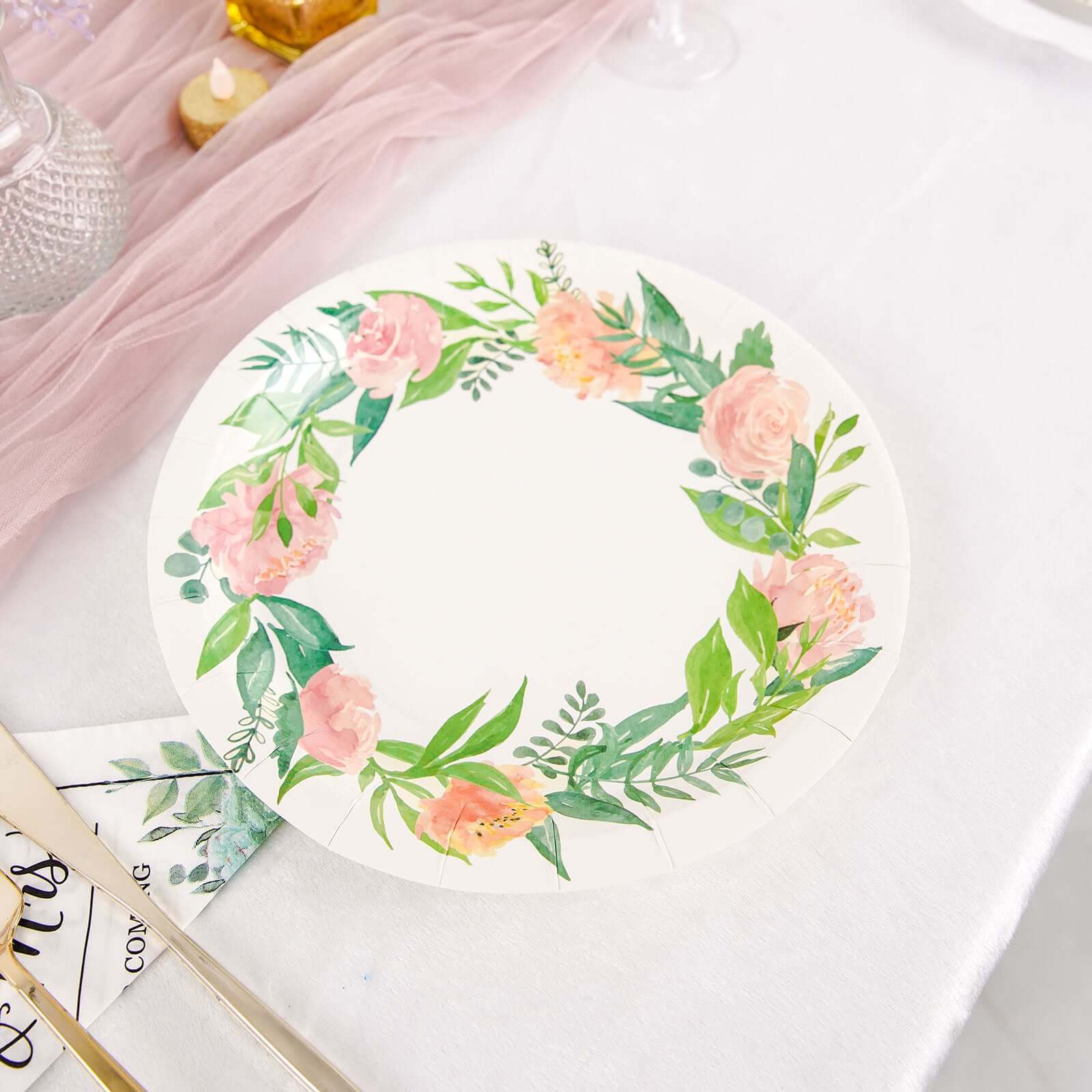 25-Pack Paper 9" Round Dinner Plates in White with Rose/Peony Flower Wreath - Disposable Party Plates for Bridal Showers & Garden Parties